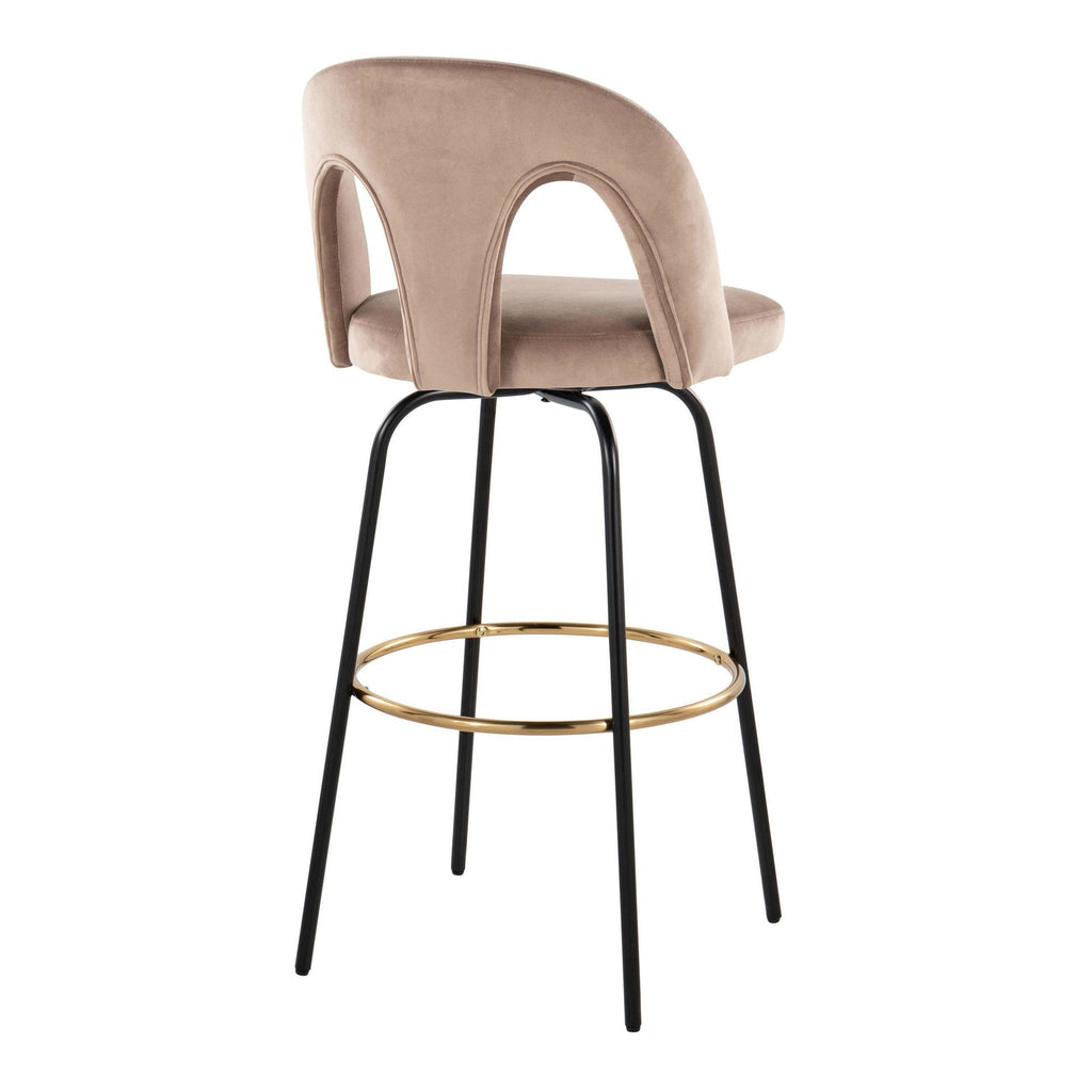 Ava Upholstered 30" Fixed-Height Barstool - Set of 2 - Black Metal, Taupe Velvet, Gold Metal