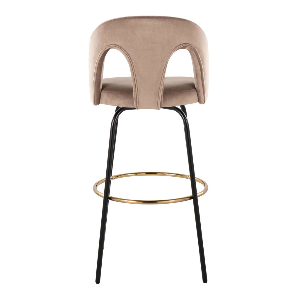 Ava Upholstered 30" Fixed-Height Barstool - Set of 2 - Black Metal, Taupe Velvet, Gold Metal