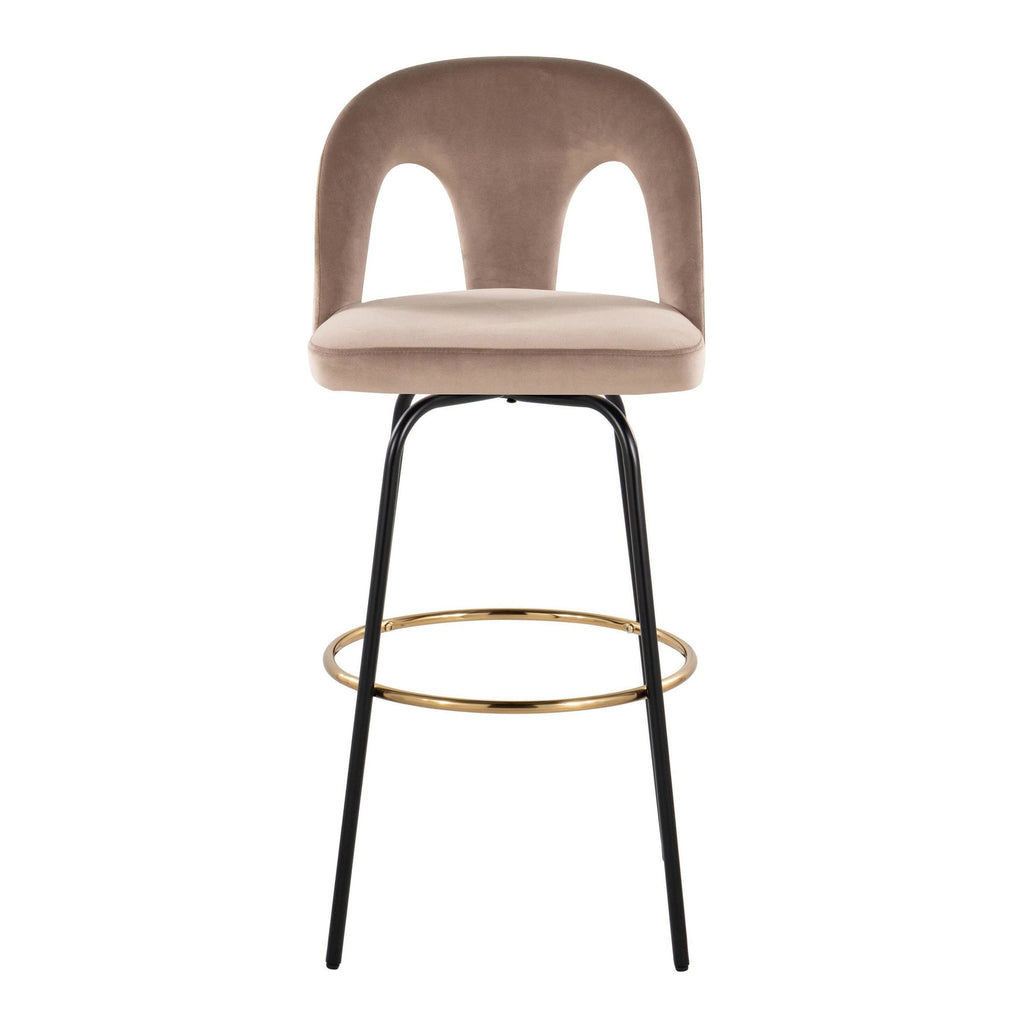 Ava Upholstered 30" Fixed-Height Barstool - Set of 2 - Black Metal, Taupe Velvet, Gold Metal