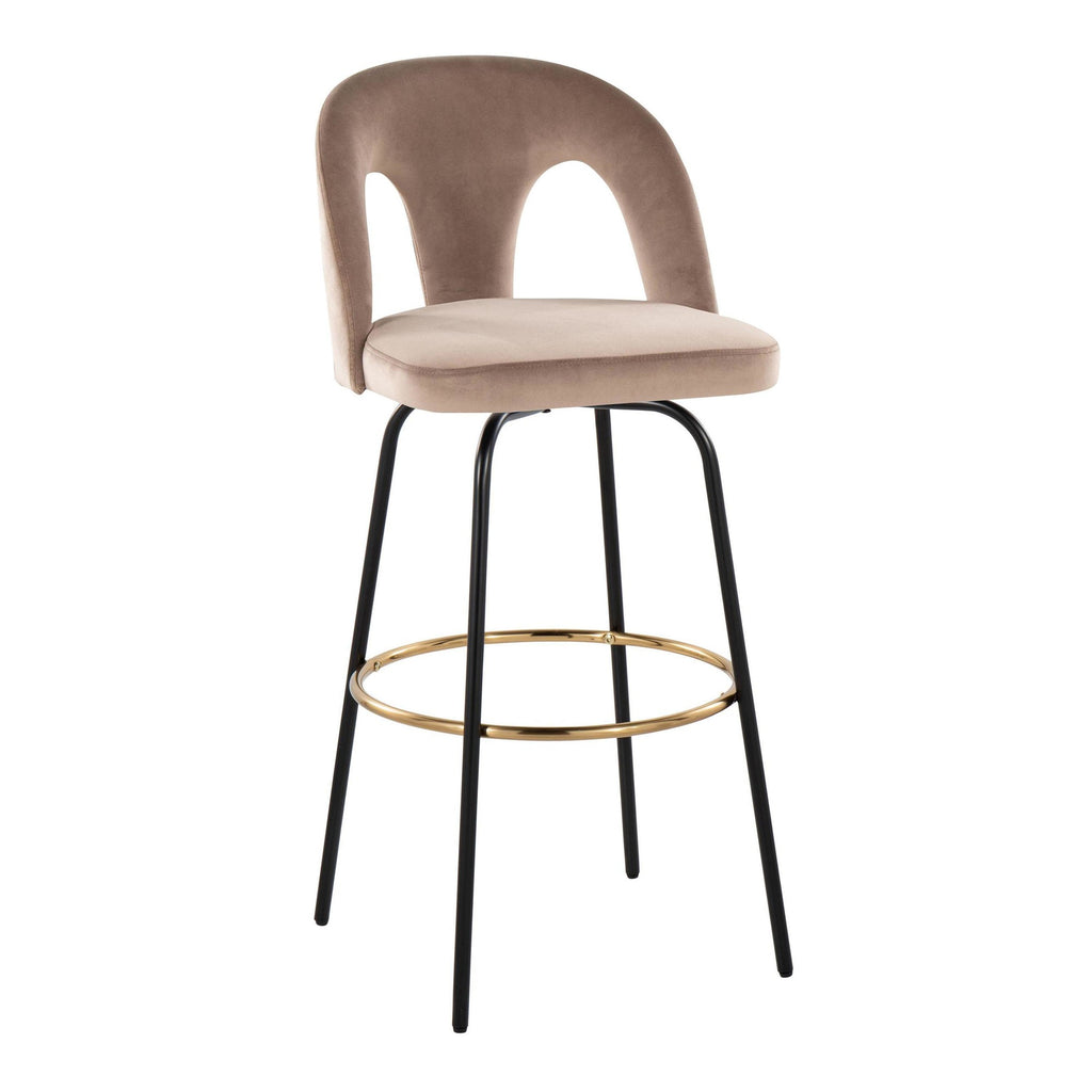 Ava Upholstered 30" Fixed-Height Barstool - Set of 2 - Black Metal, Taupe Velvet, Gold Metal