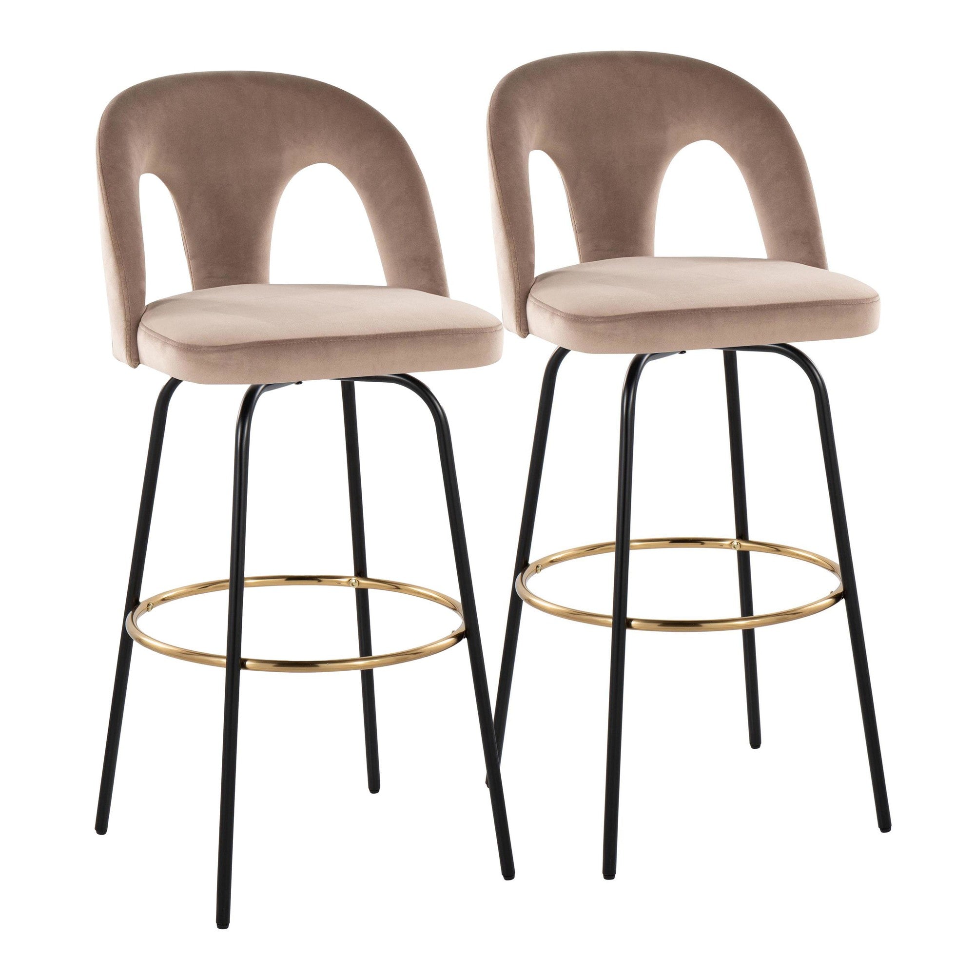 Ava Upholstered 30" Fixed-Height Barstool - Set of 2 - Black Metal, Taupe Velvet, Gold Metal