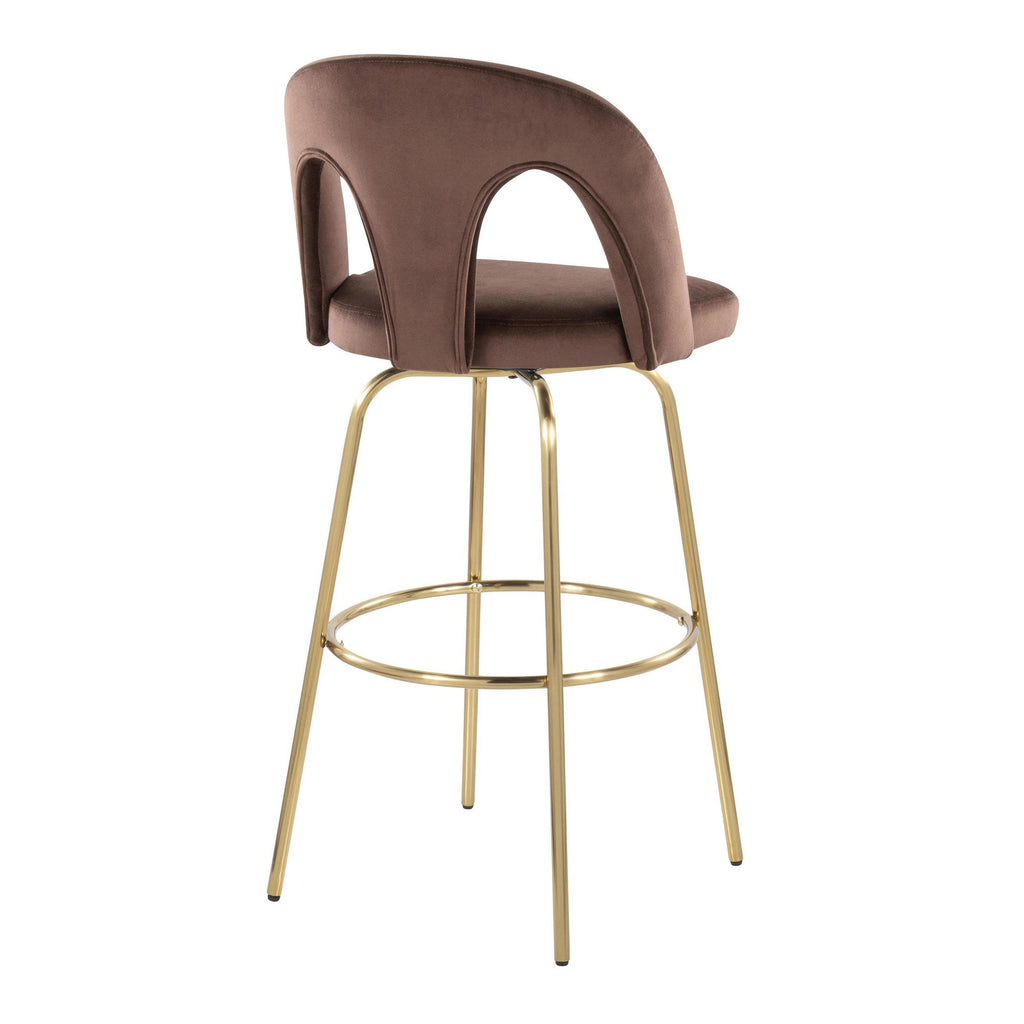 Ava Upholstered 30" Fixed-Height Barstool - Set of 2 - Gold Metal, Espresso Velvet