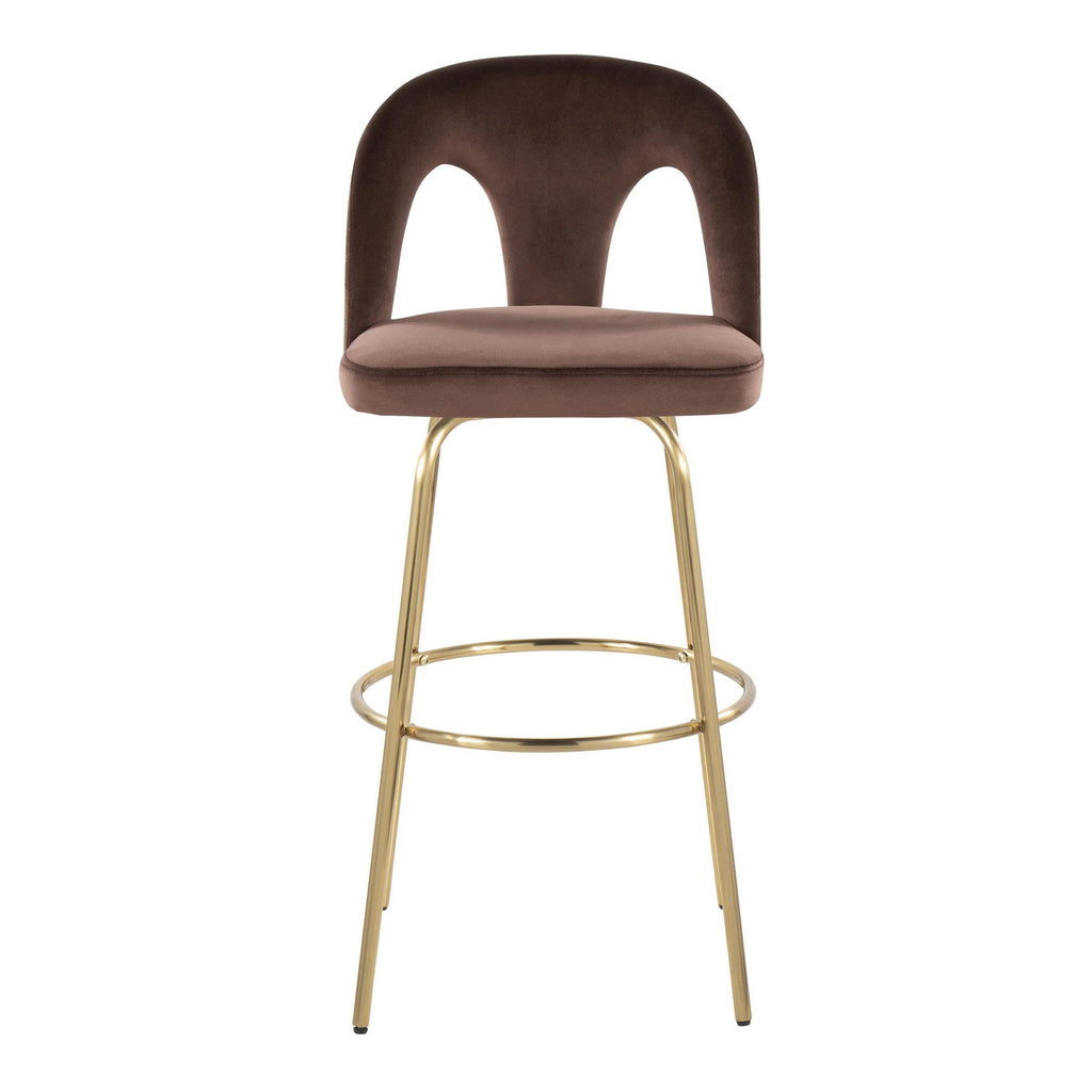 Ava Upholstered 30" Fixed-Height Barstool - Set of 2 - Gold Metal, Espresso Velvet