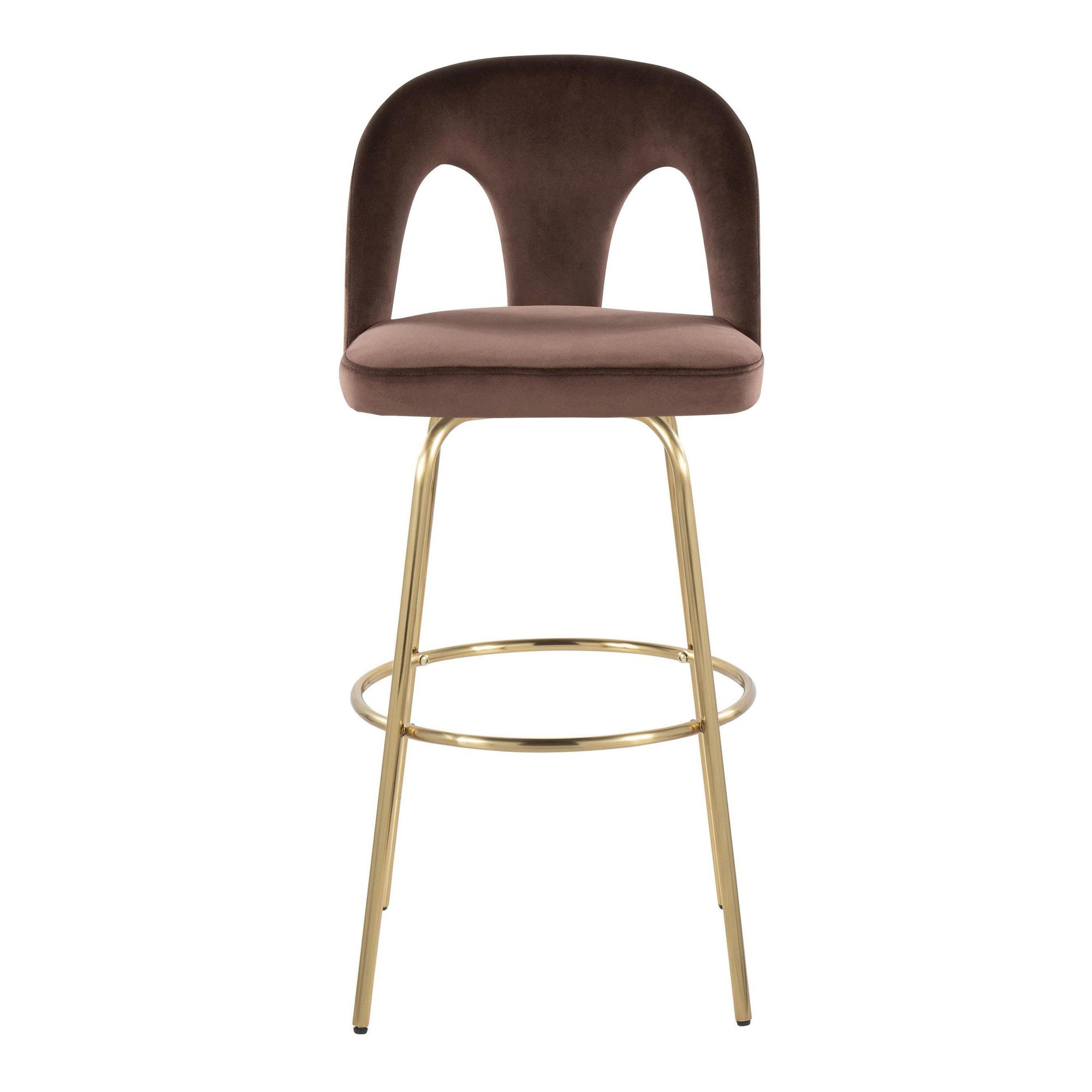 Ava Upholstered 30" Fixed-Height Barstool - Set of 2 - Gold Metal, Espresso Velvet