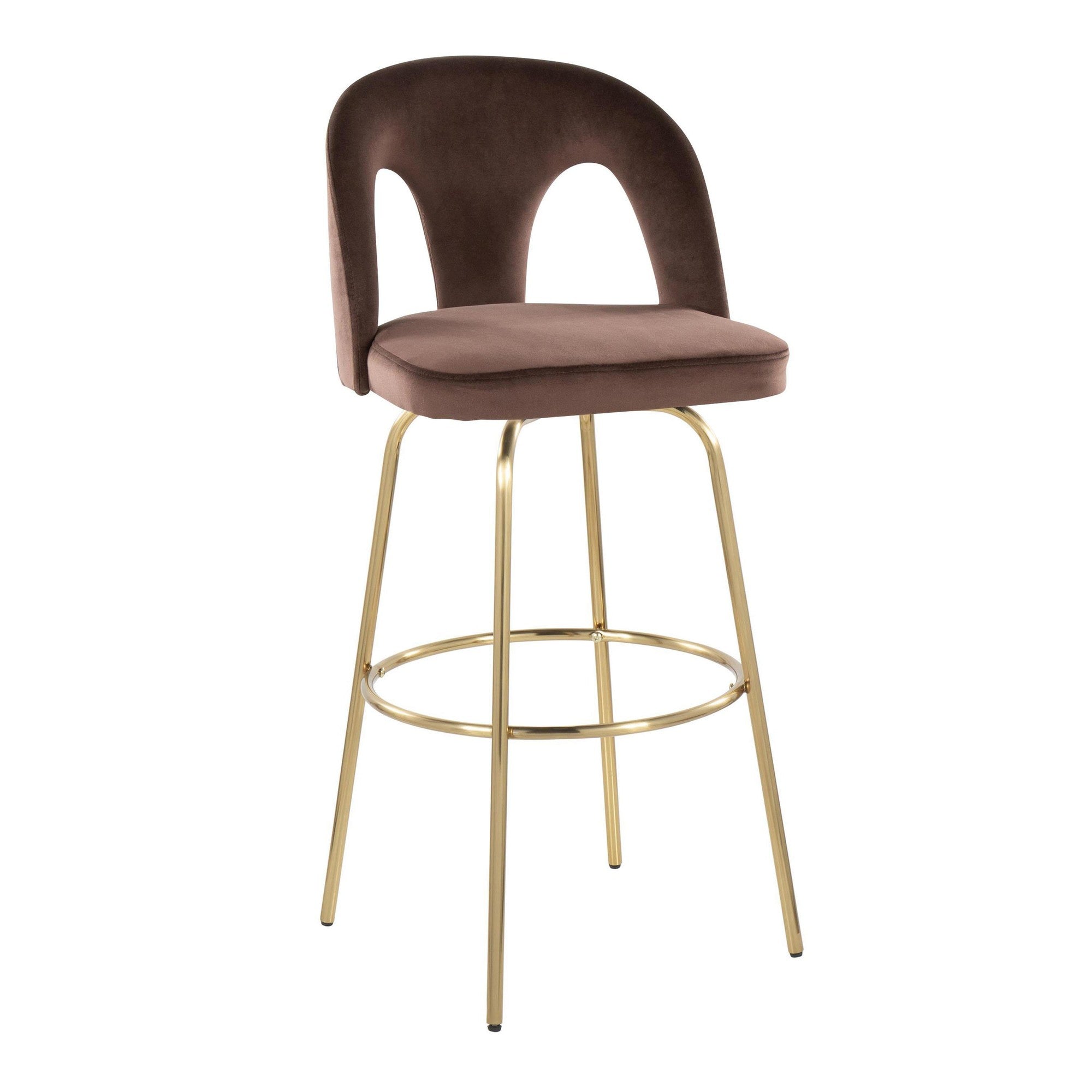 Ava Upholstered 30" Fixed-Height Barstool - Set of 2 - Gold Metal, Espresso Velvet