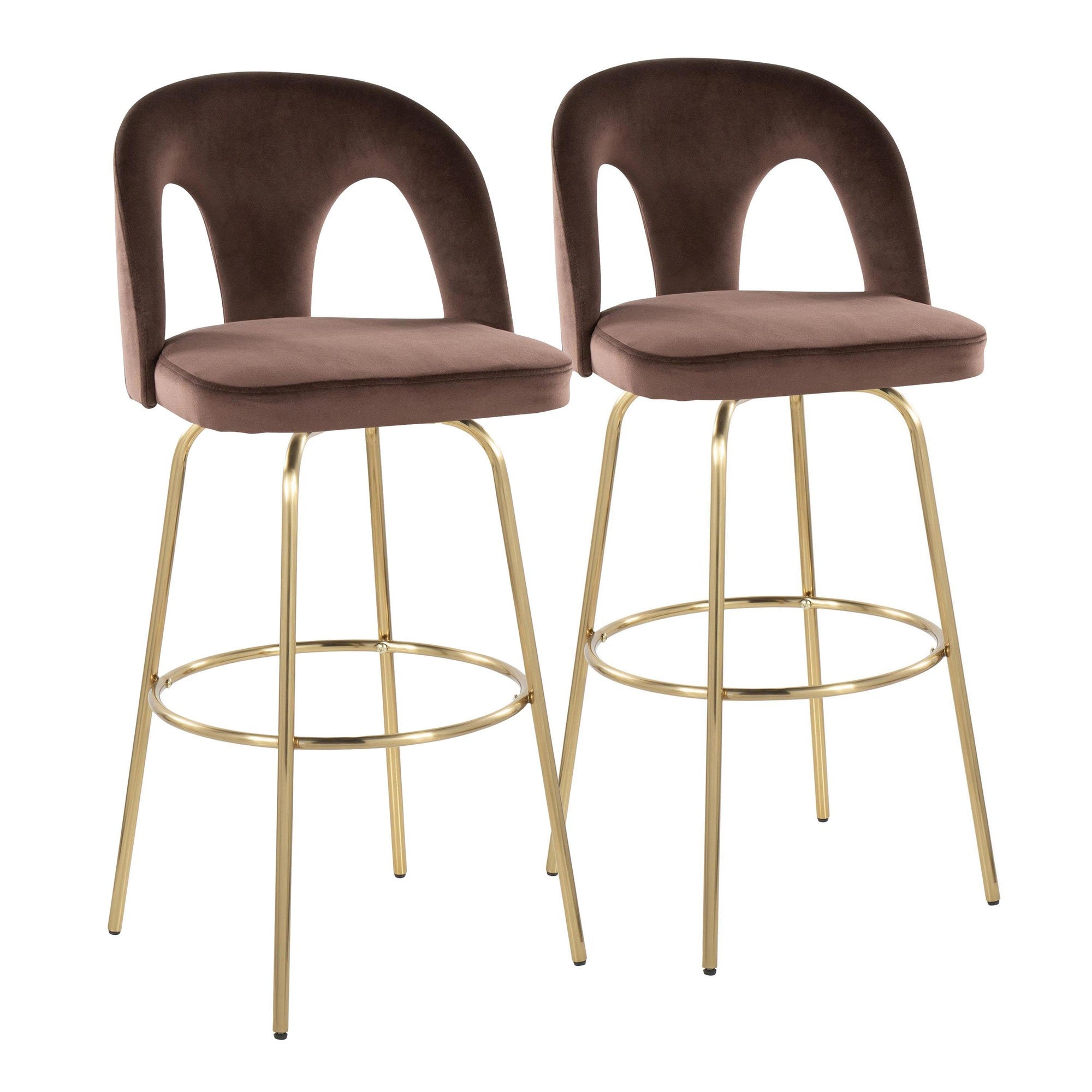 Ava Upholstered 30" Fixed-Height Barstool - Set of 2 - Gold Metal, Espresso Velvet