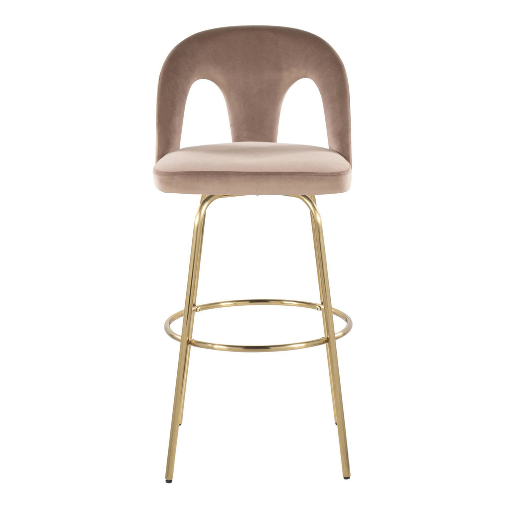 Ava Upholstered 30" Fixed-Height Barstool - Set of 2 - Gold Metal, Taupe Velvet