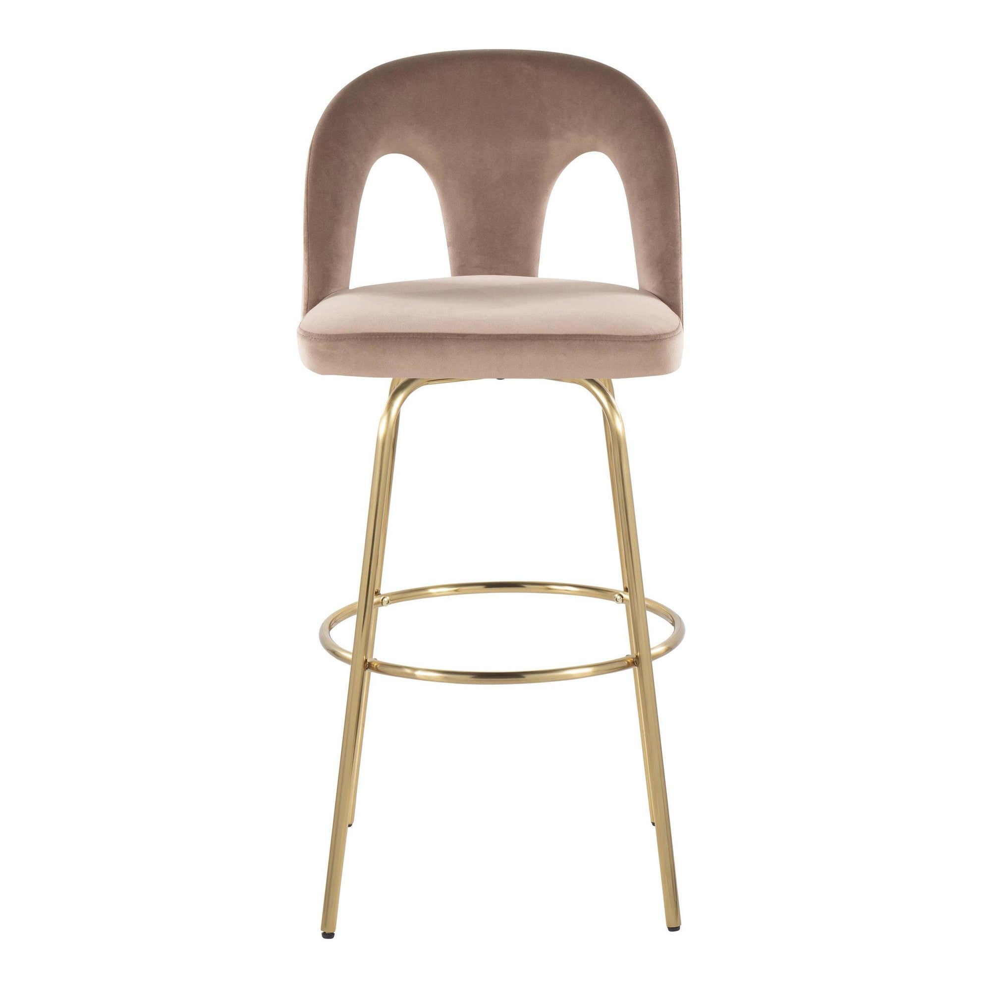 Ava Upholstered 30" Fixed-Height Barstool - Set of 2 - Gold Metal, Taupe Velvet