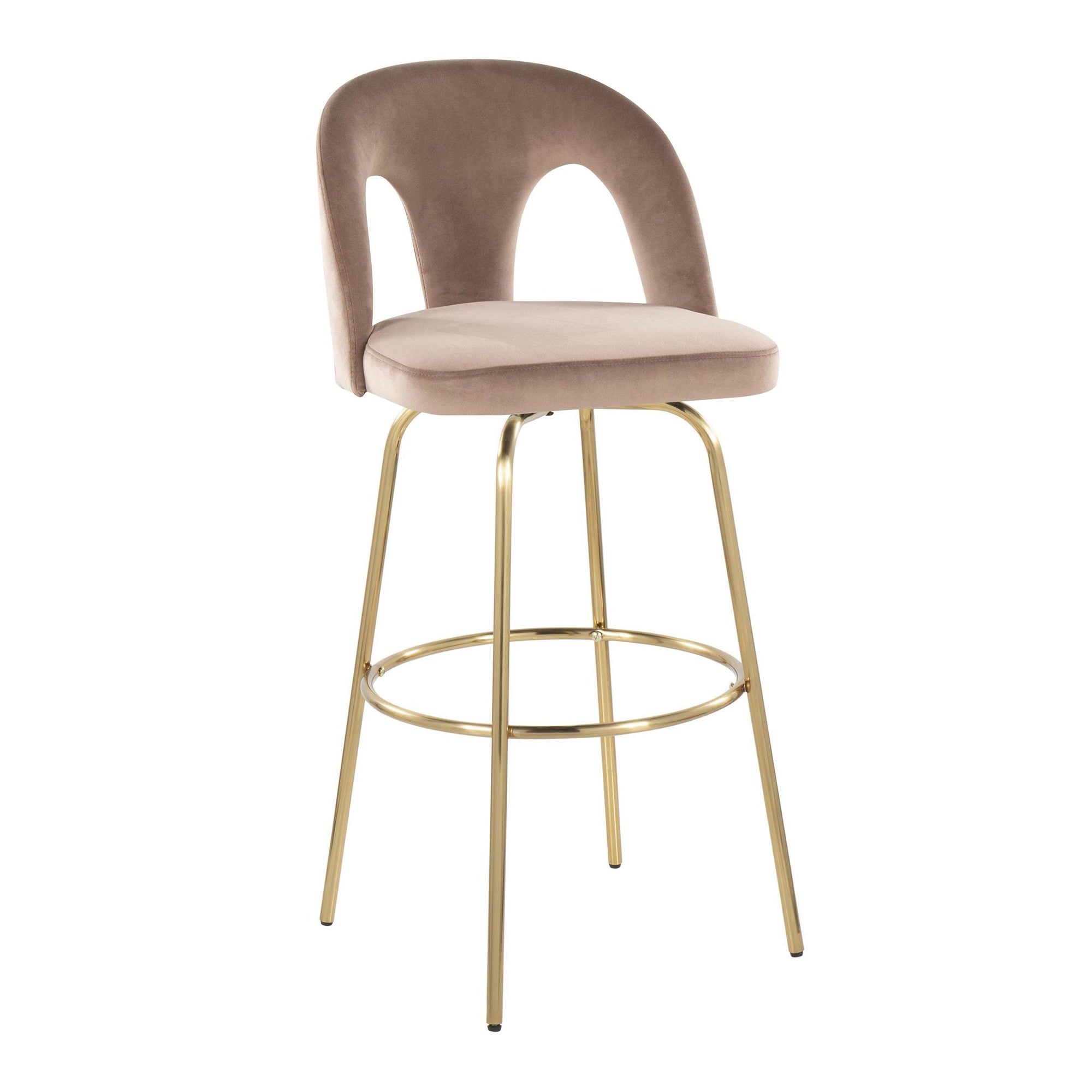 Ava Upholstered 30" Fixed-Height Barstool - Set of 2 - Gold Metal, Taupe Velvet