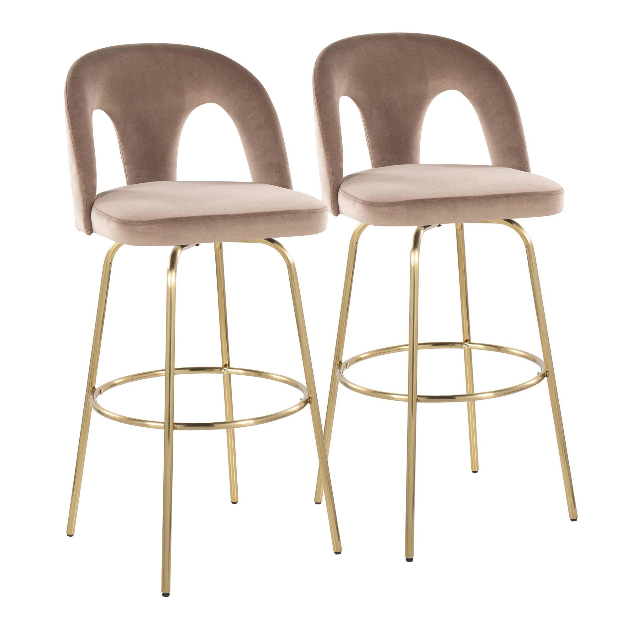 Ava Upholstered 30" Fixed-Height Barstool - Set of 2 - Gold Metal, Taupe Velvet
