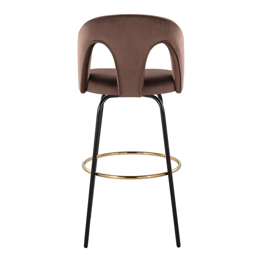 Ava Upholstered 30" Fixed-Height Barstool - Set of 2 - Black Metal, Espresso Velvet, Gold Metal
