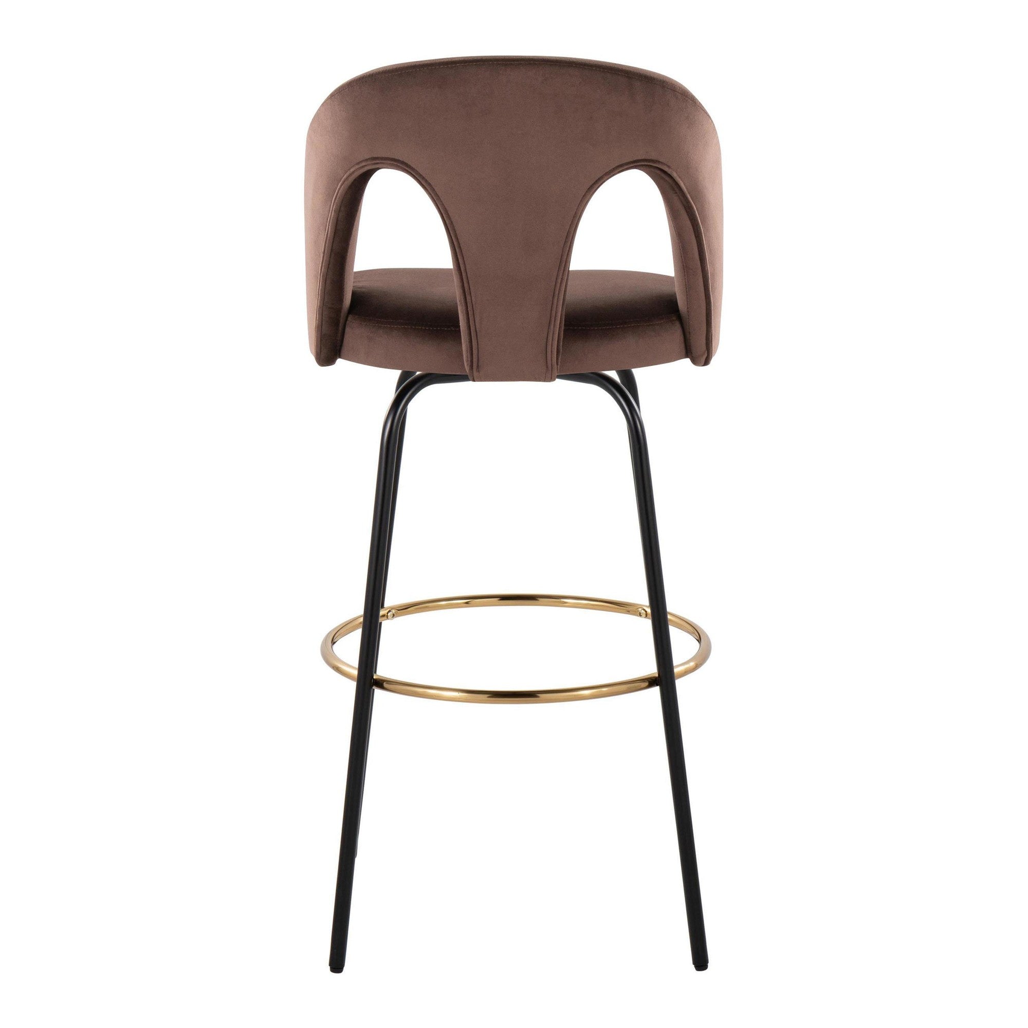 Ava Upholstered 30" Fixed-Height Barstool - Set of 2 - Black Metal, Espresso Velvet, Gold Metal