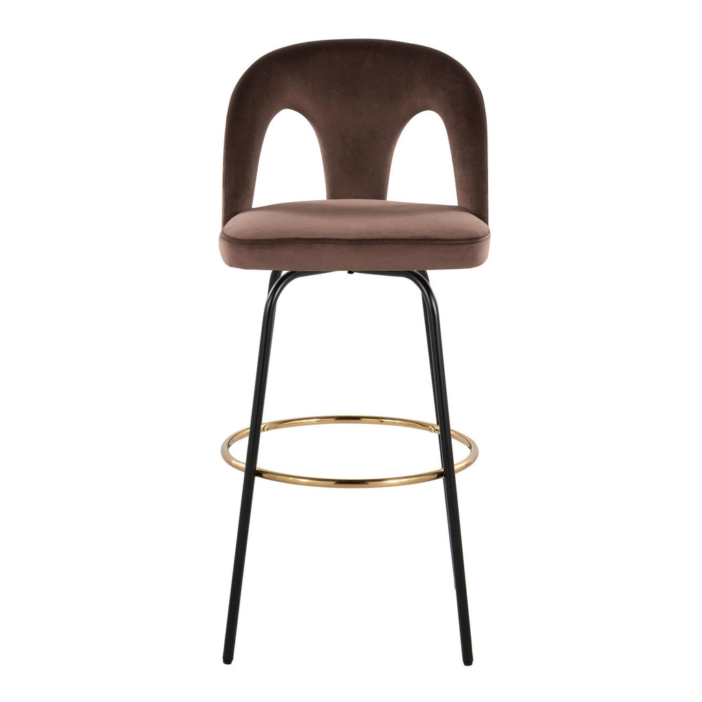 Ava Upholstered 30" Fixed-Height Barstool - Set of 2 - Black Metal, Espresso Velvet, Gold Metal