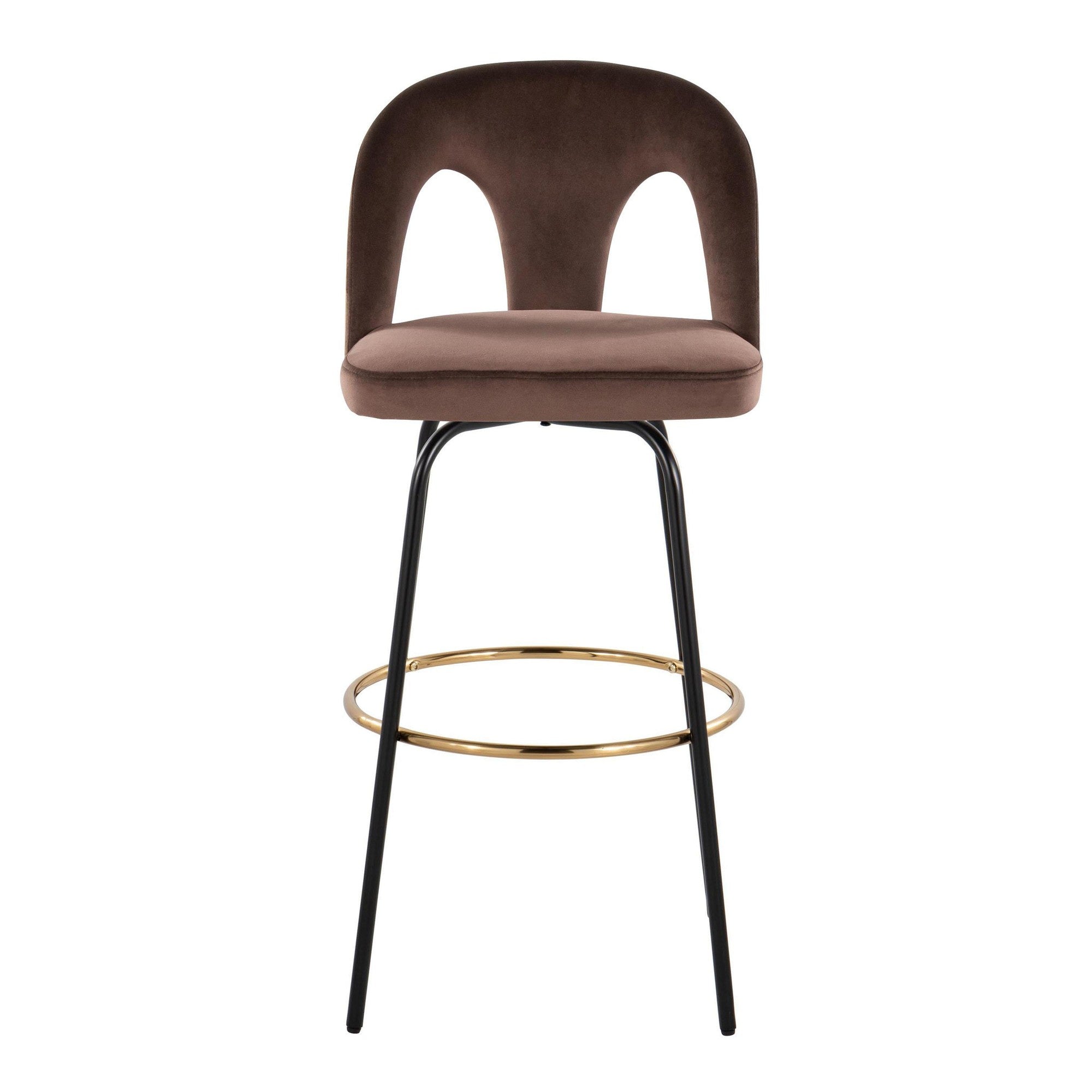 Ava Upholstered 30" Fixed-Height Barstool - Set of 2 - Black Metal, Espresso Velvet, Gold Metal