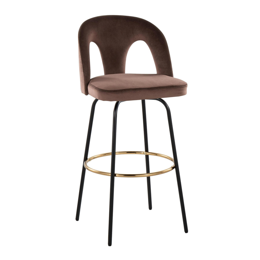 Ava Upholstered 30" Fixed-Height Barstool - Set of 2 - Black Metal, Espresso Velvet, Gold Metal