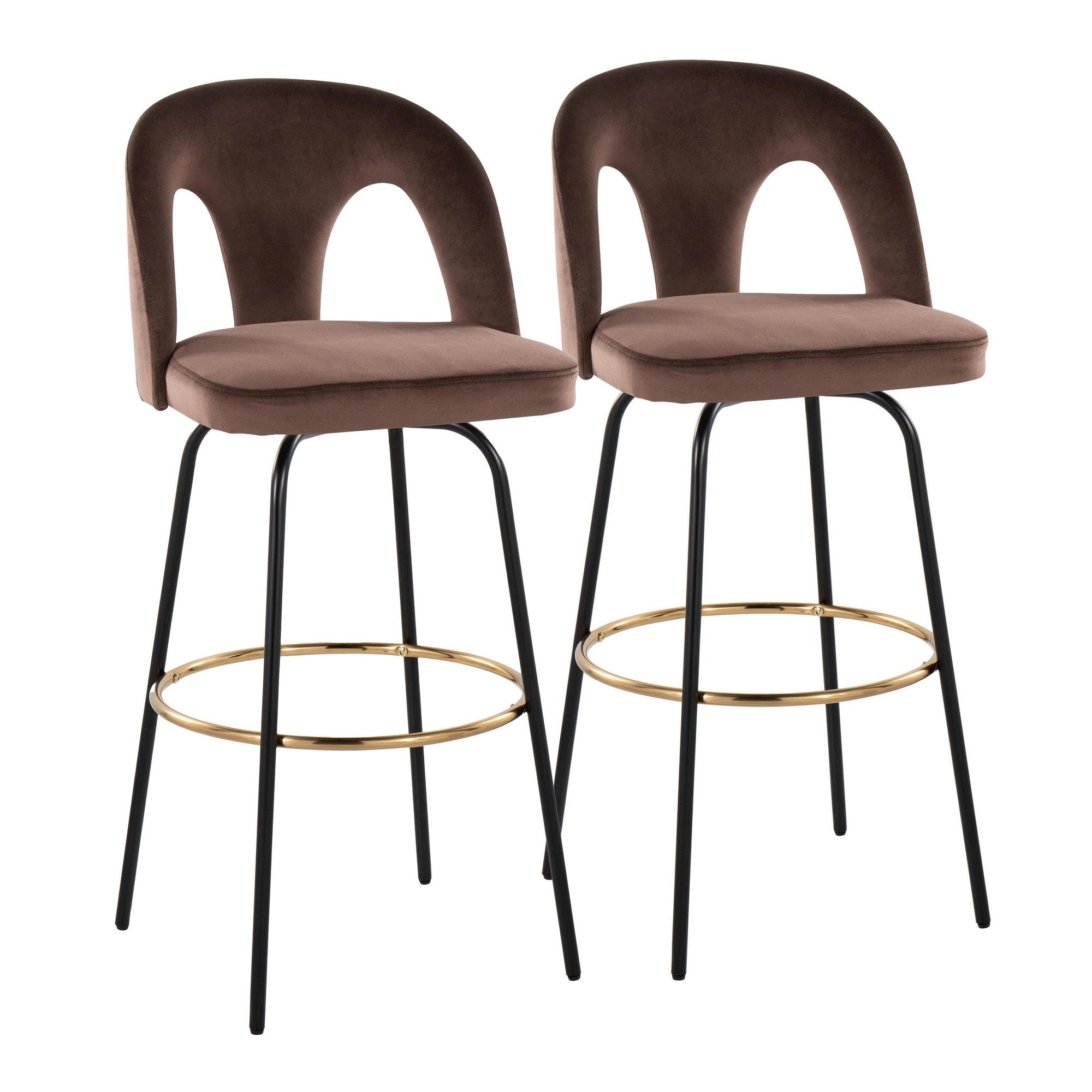 Ava Upholstered 30" Fixed-Height Barstool - Set of 2 - Black Metal, Espresso Velvet, Gold Metal