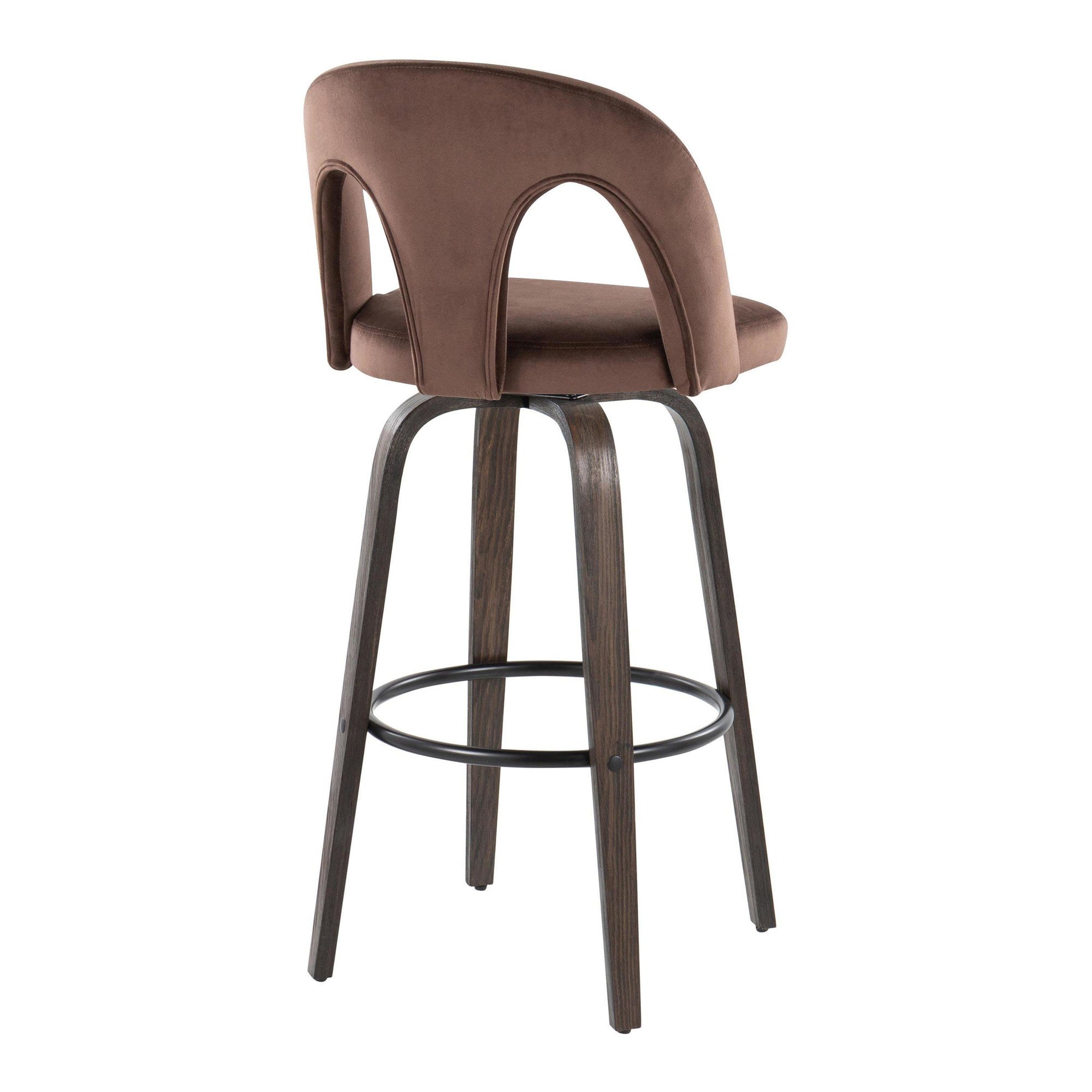 Ava Upholstered 30" Fixed-Height Barstool - Set of 2 - Walnut Glazed Wood, Espresso Velvet, Black Metal