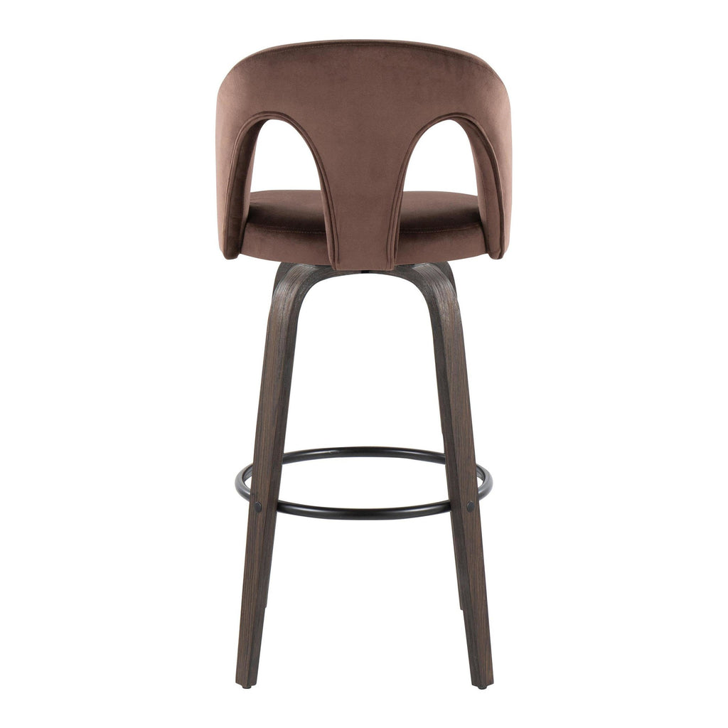 Ava Upholstered 30" Fixed-Height Barstool - Set of 2 - Walnut Glazed Wood, Espresso Velvet, Black Metal