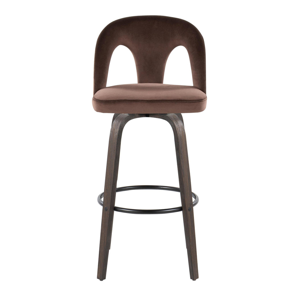 Ava Upholstered 30" Fixed-Height Barstool - Set of 2 - Walnut Glazed Wood, Espresso Velvet, Black Metal