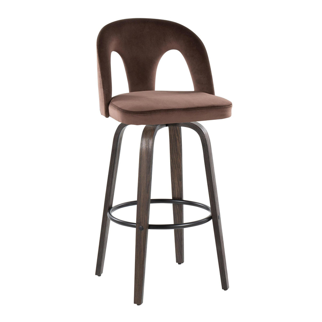 Ava Upholstered 30" Fixed-Height Barstool - Set of 2 - Walnut Glazed Wood, Espresso Velvet, Black Metal
