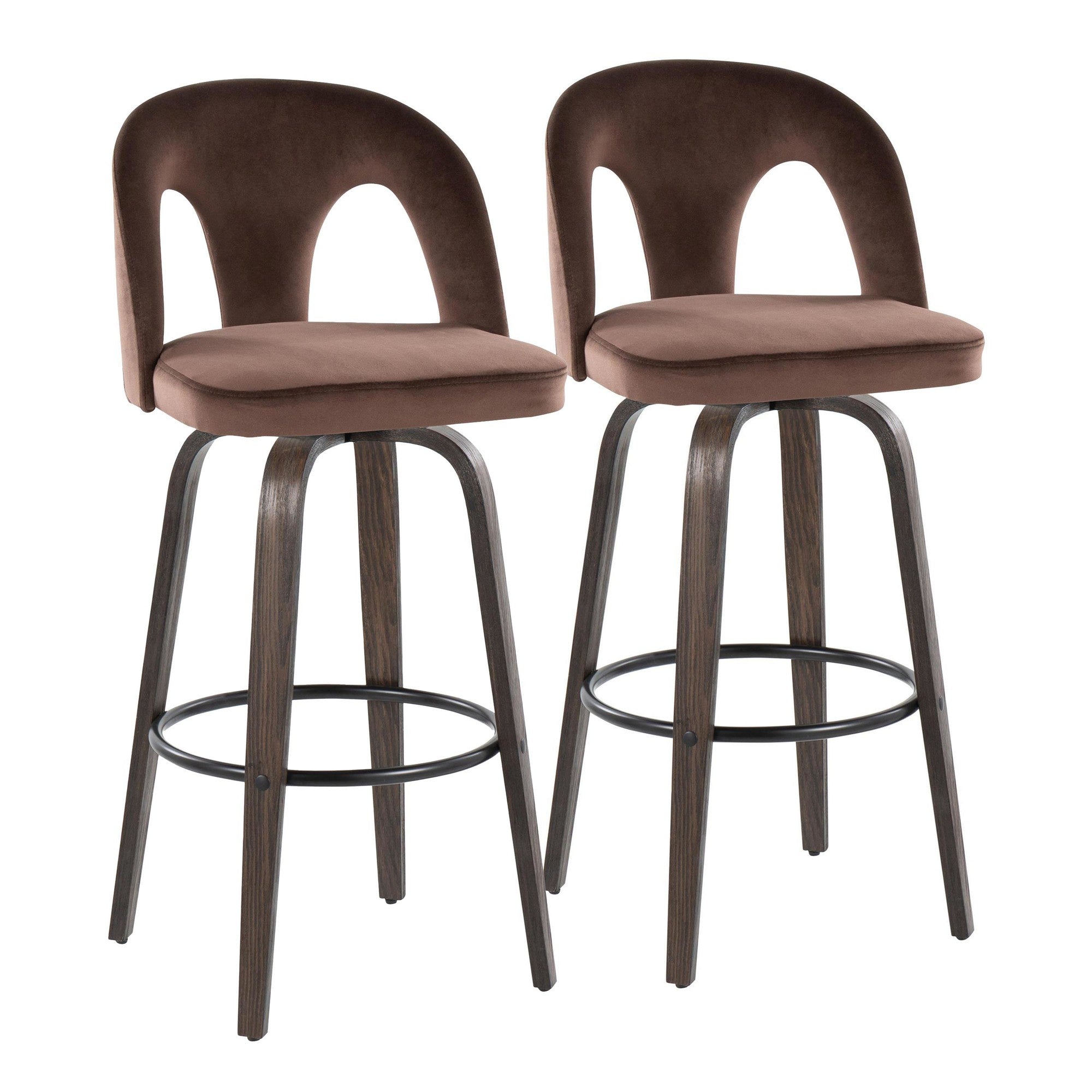 Ava Upholstered 30" Fixed-Height Barstool - Set of 2 - Walnut Glazed Wood, Espresso Velvet, Black Metal