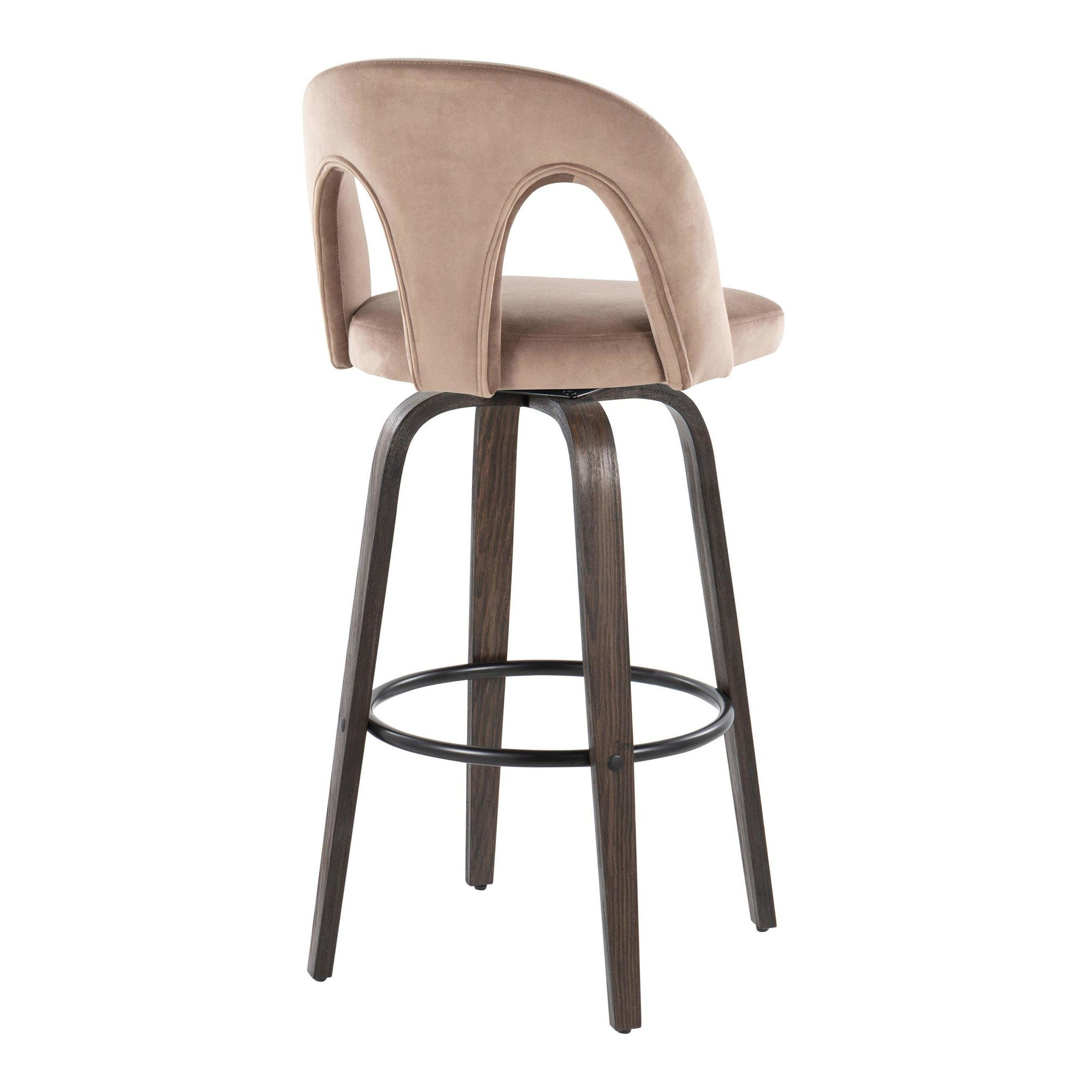 Ava Upholstered 30" Fixed-Height Barstool - Set of 2 - Walnut Glazed Wood, Taupe Velvet, Black Metal