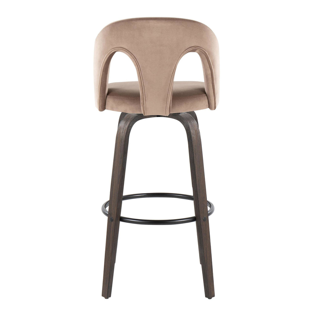 Ava Upholstered 30" Fixed-Height Barstool - Set of 2 - Walnut Glazed Wood, Taupe Velvet, Black Metal