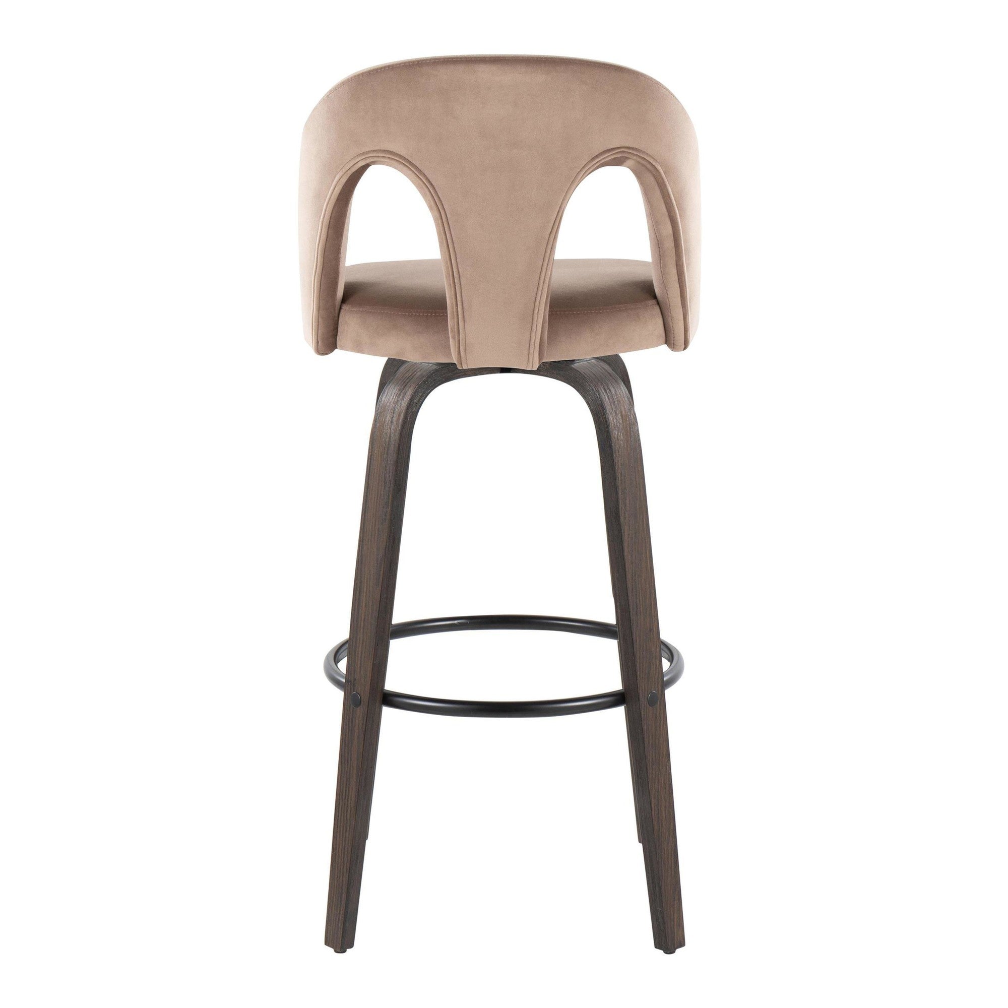 Ava Upholstered 30" Fixed-Height Barstool - Set of 2 - Walnut Glazed Wood, Taupe Velvet, Black Metal