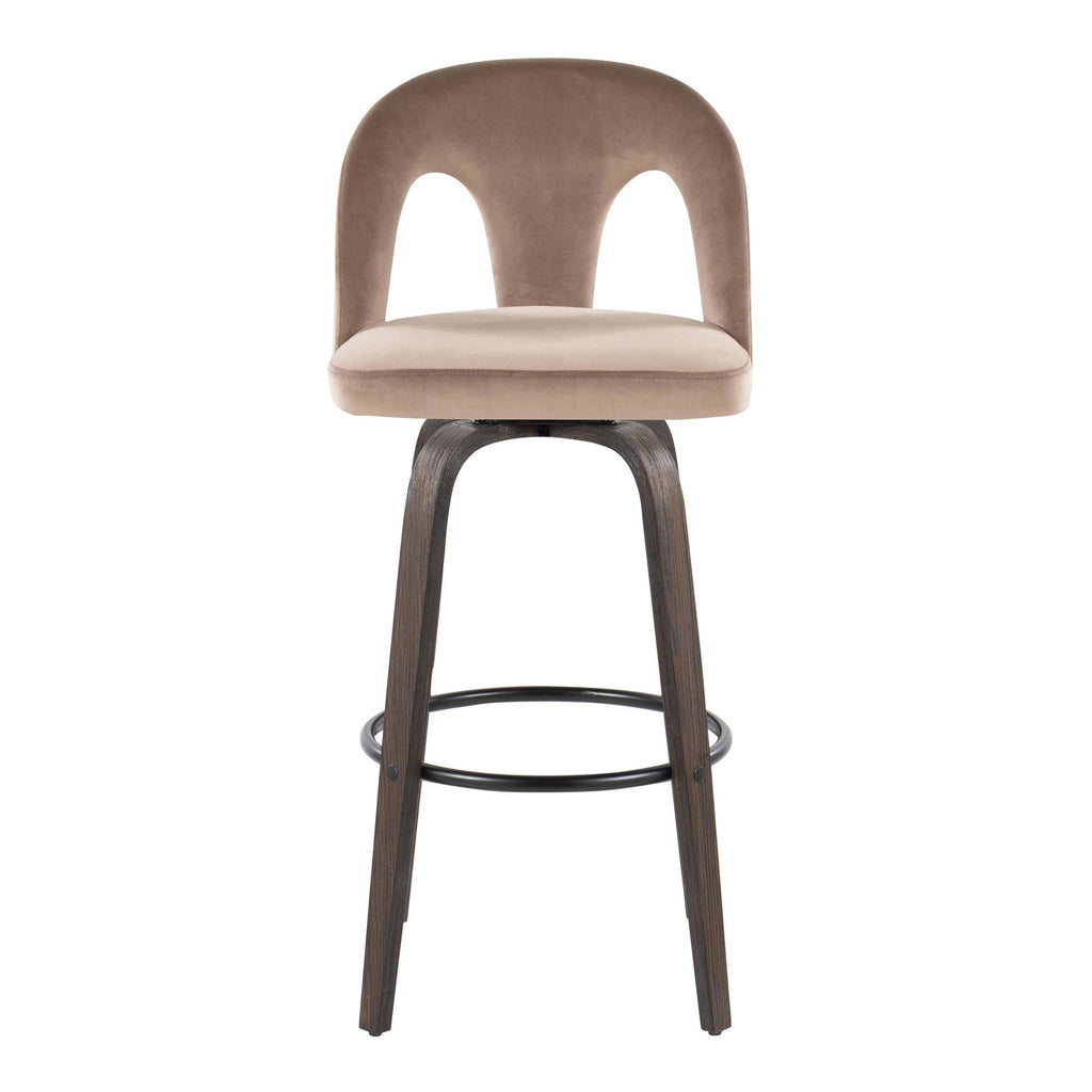 Ava Upholstered 30" Fixed-Height Barstool - Set of 2 - Walnut Glazed Wood, Taupe Velvet, Black Metal