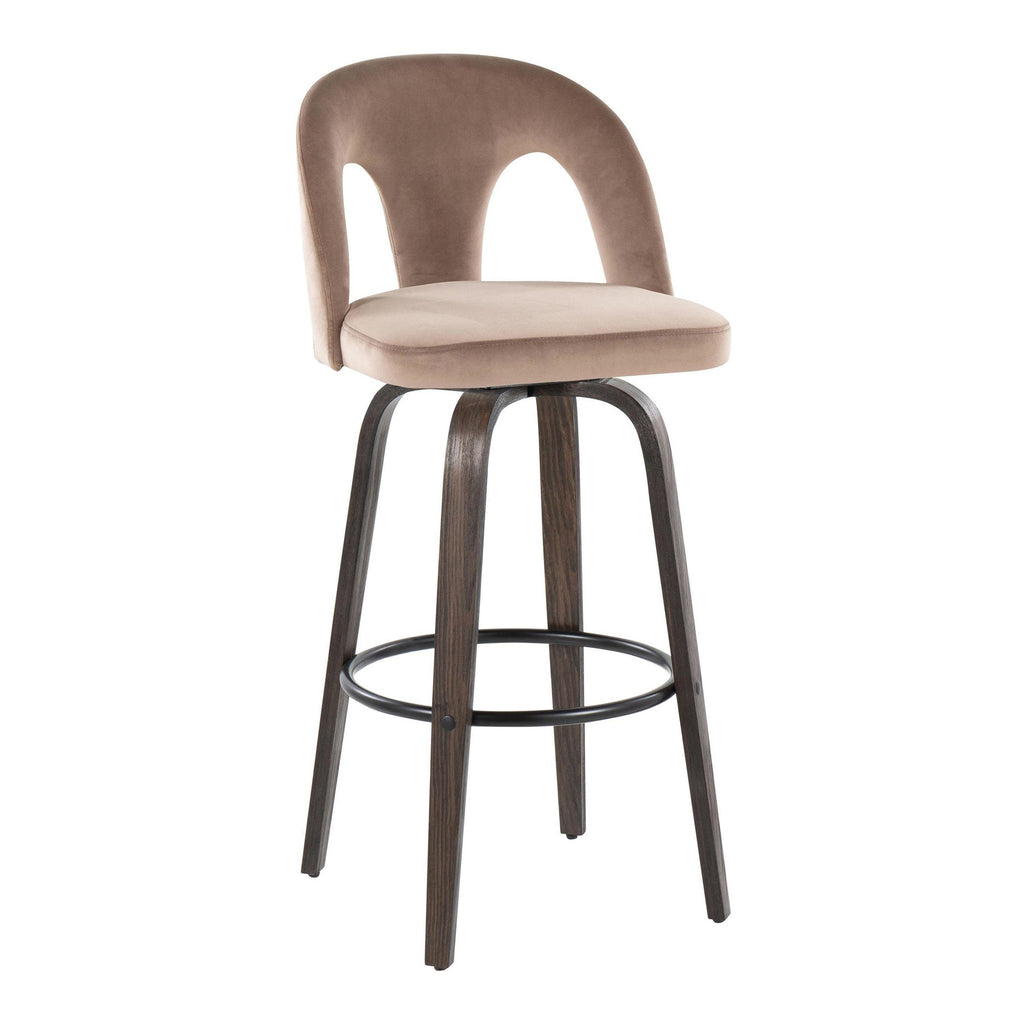 Ava Upholstered 30" Fixed-Height Barstool - Set of 2 - Walnut Glazed Wood, Taupe Velvet, Black Metal