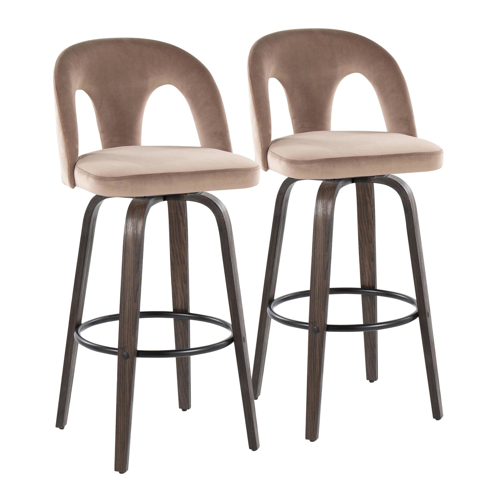 Ava Upholstered 30" Fixed-Height Barstool - Set of 2 - Walnut Glazed Wood, Taupe Velvet, Black Metal