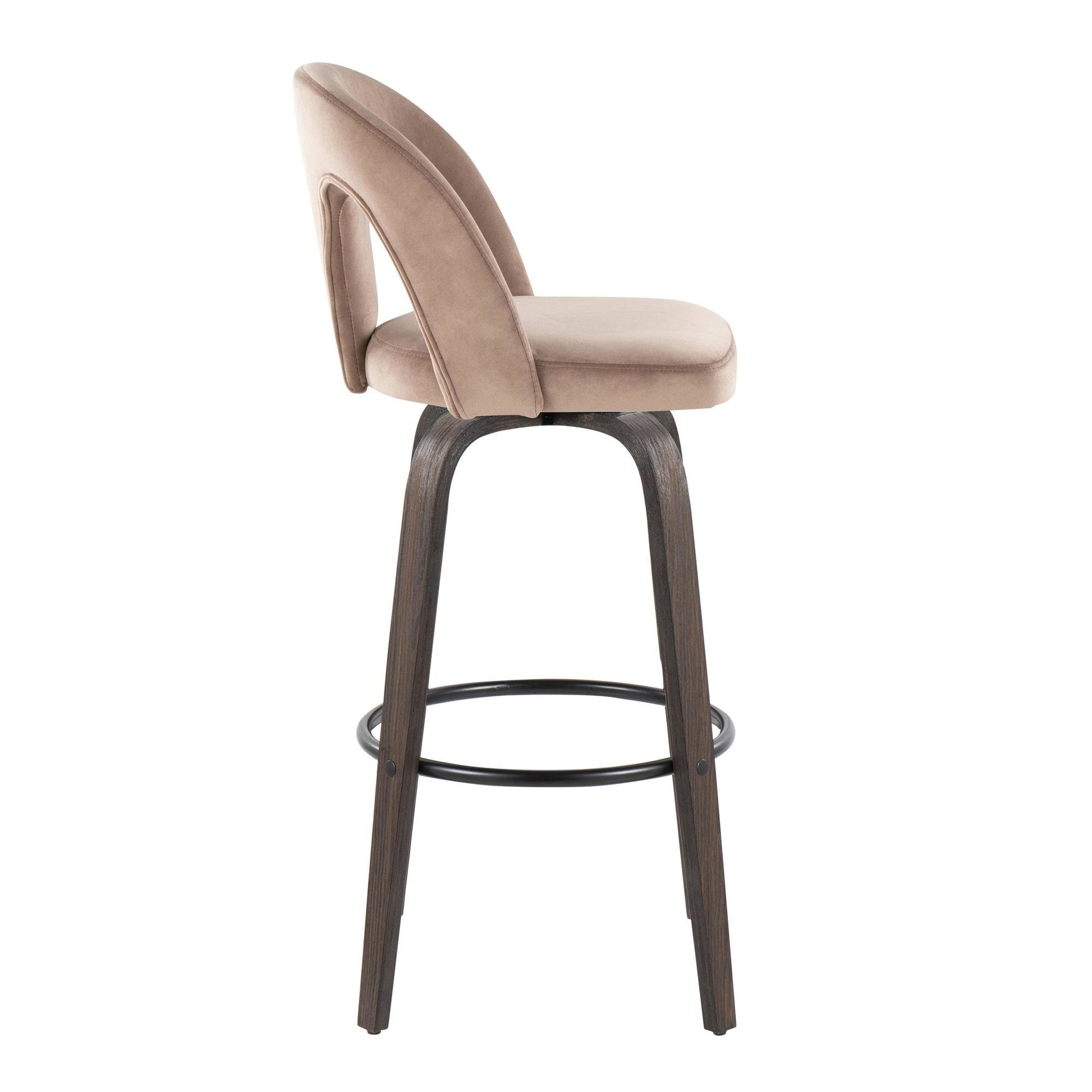 Ava Upholstered 30" Fixed-Height Barstool - Set of 2 - Walnut Glazed Wood, Taupe Velvet, Black Metal