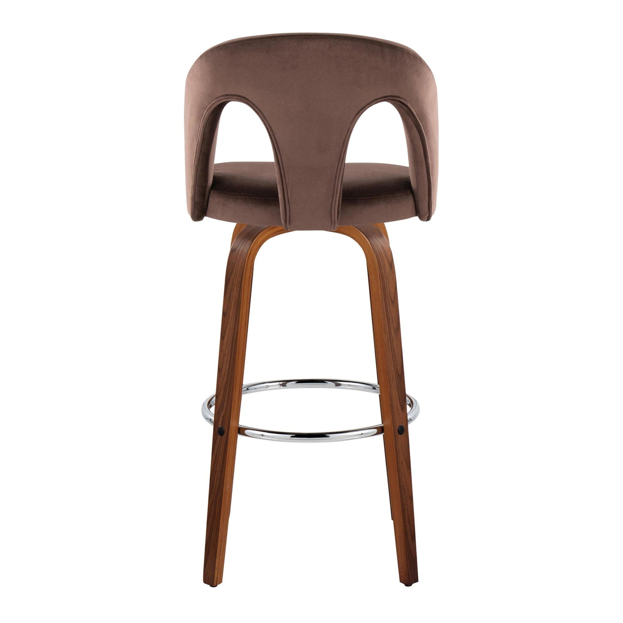 Ava Upholstered 30" Fixed-Height Barstool - Set of 2 - Walnut Wood, Espresso Velvet, Chrome Metal
