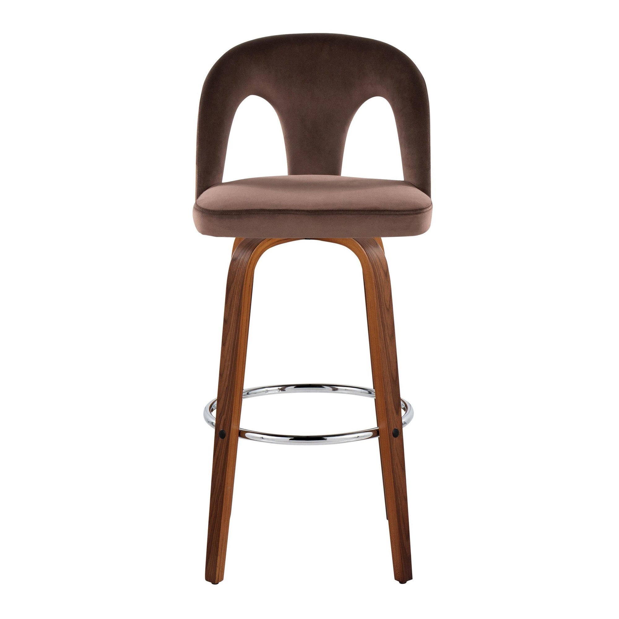 Ava Upholstered 30" Fixed-Height Barstool - Set of 2 - Walnut Wood, Espresso Velvet, Chrome Metal