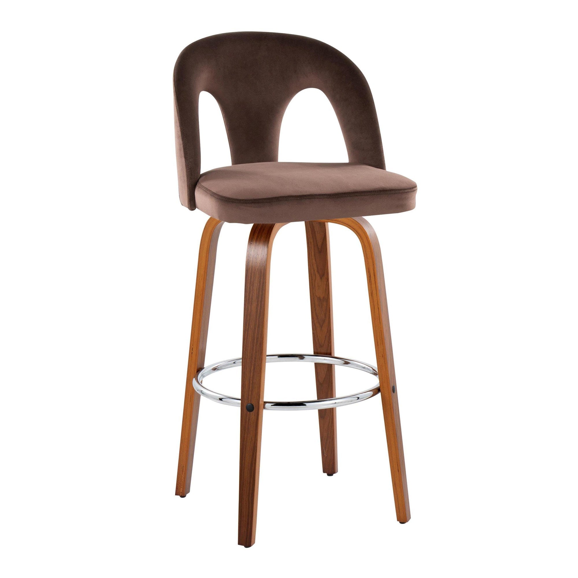 Ava Upholstered 30" Fixed-Height Barstool - Set of 2 - Walnut Wood, Espresso Velvet, Chrome Metal