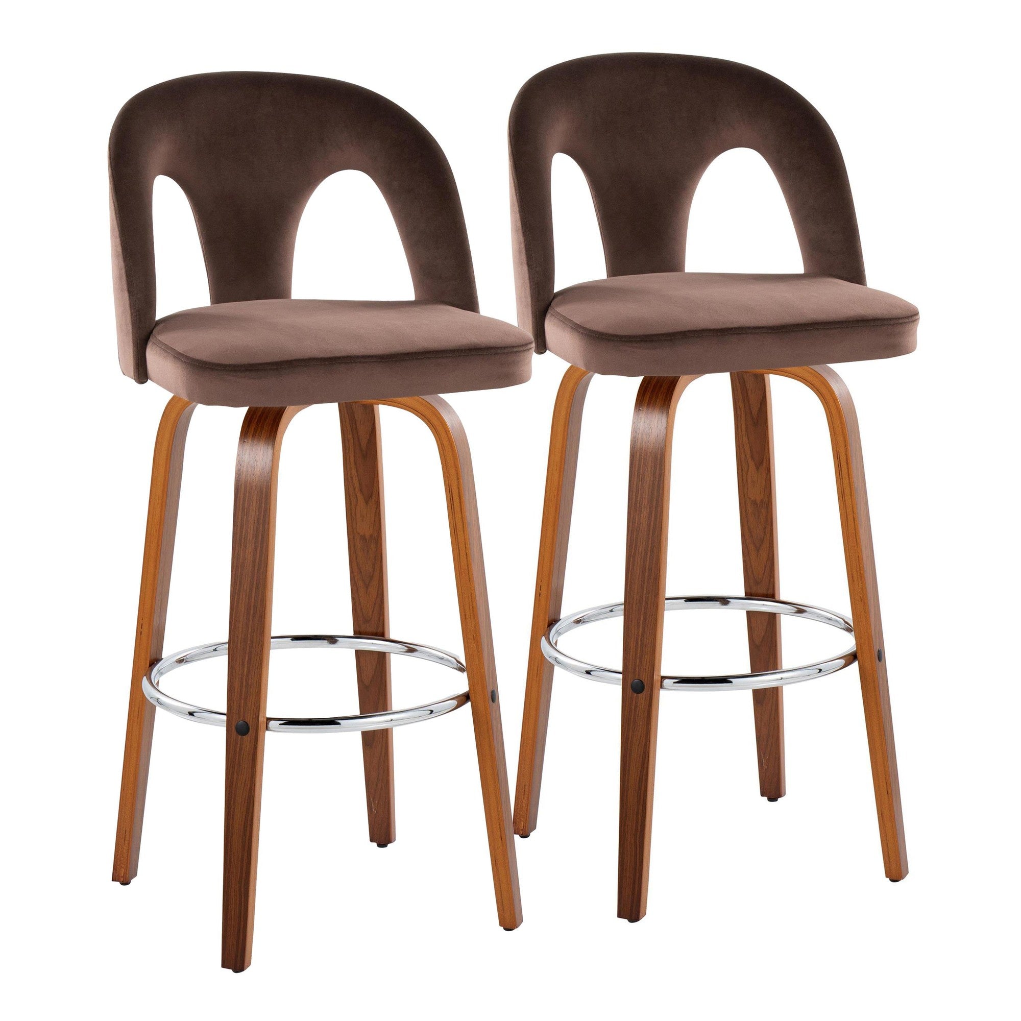 Ava Upholstered 30" Fixed-Height Barstool - Set of 2 - Walnut Wood, Espresso Velvet, Chrome Metal