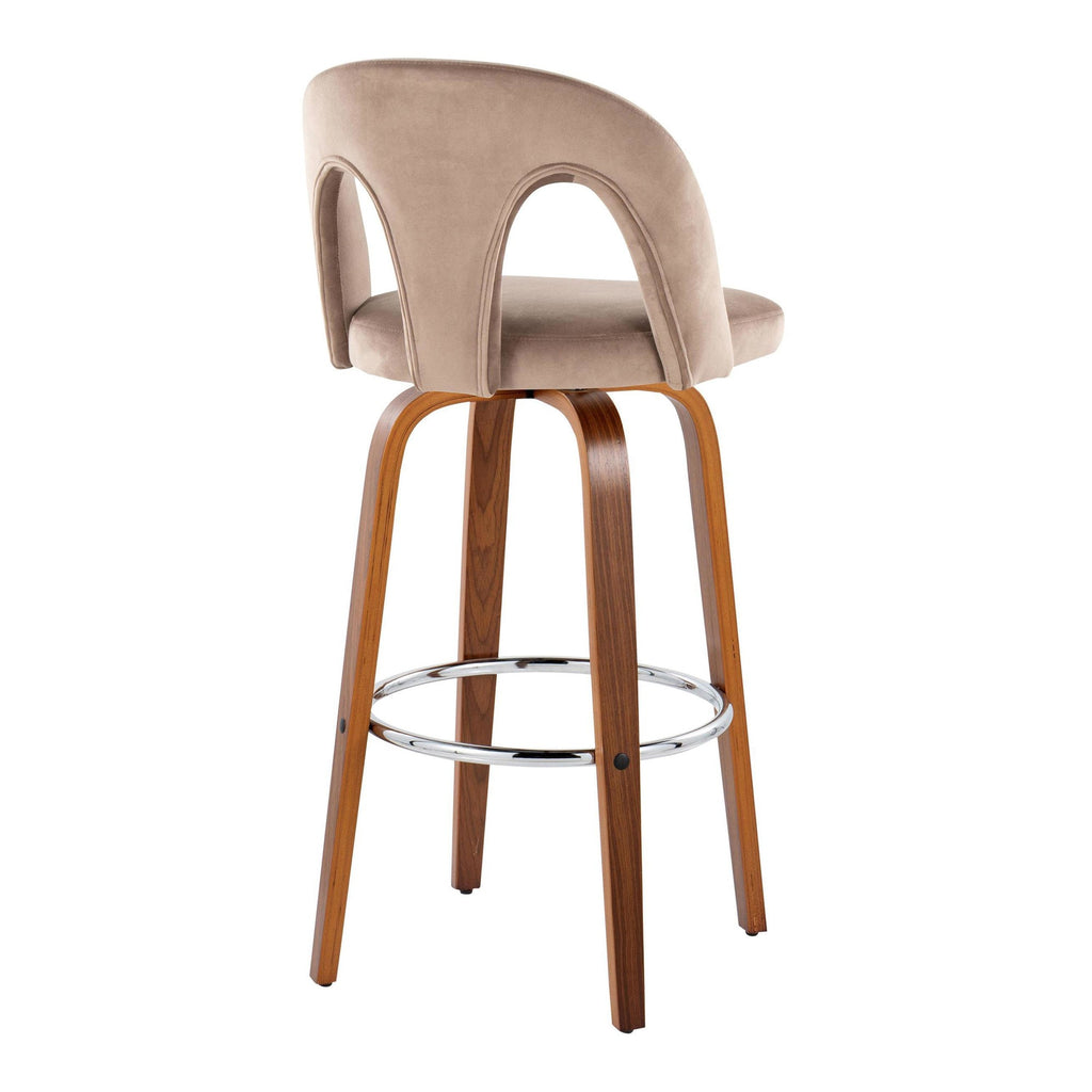 Ava Upholstered 30" Fixed-Height Barstool - Set of 2 - Walnut Wood, Taupe Velvet, Chrome Metal