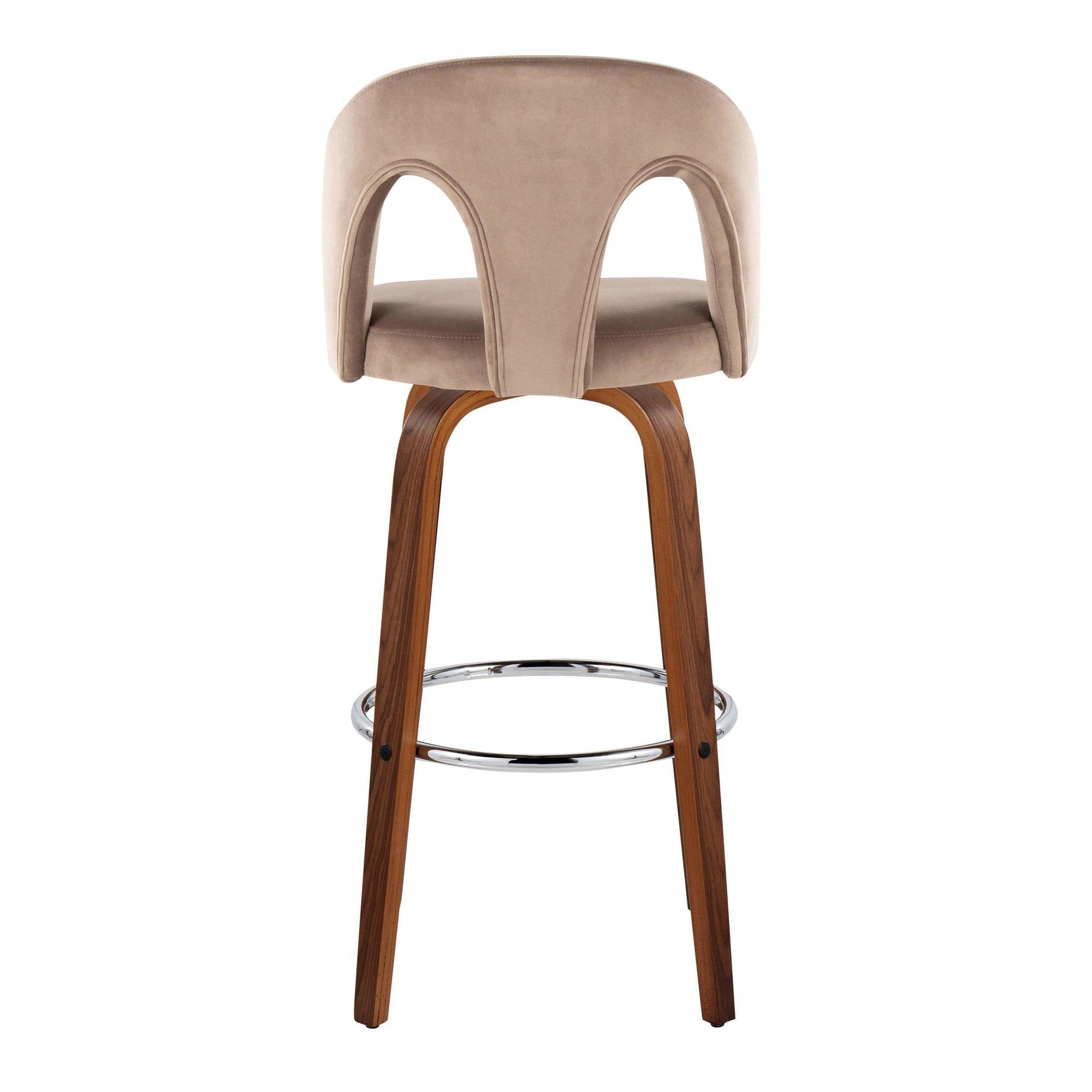 Ava Upholstered 30" Fixed-Height Barstool - Set of 2 - Walnut Wood, Taupe Velvet, Chrome Metal