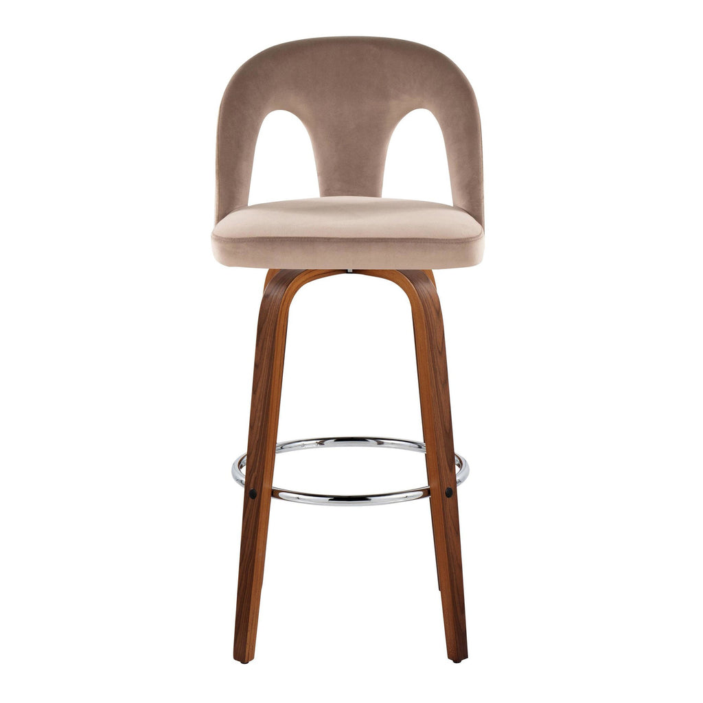 Ava Upholstered 30" Fixed-Height Barstool - Set of 2 - Walnut Wood, Taupe Velvet, Chrome Metal