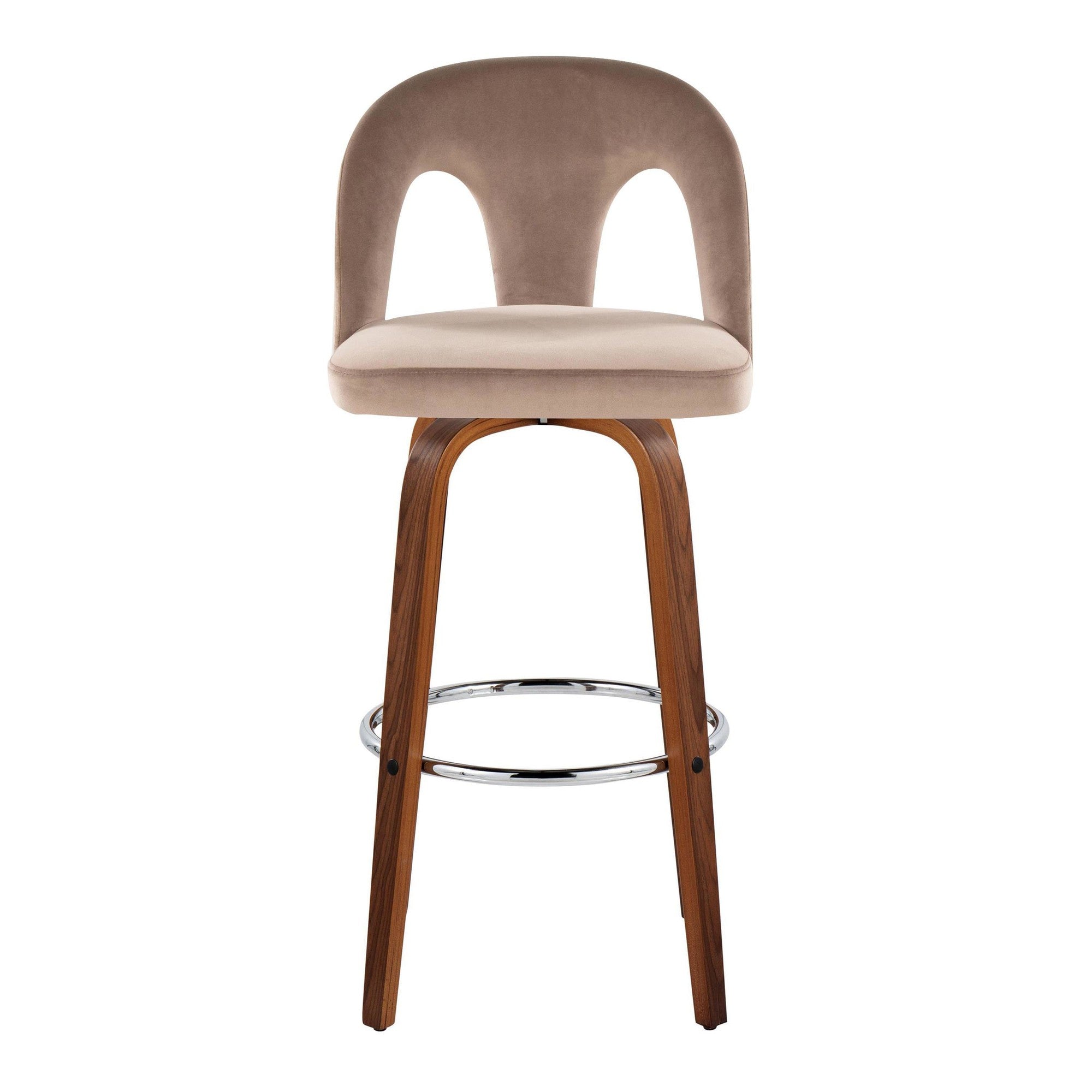 Ava Upholstered 30" Fixed-Height Barstool - Set of 2 - Walnut Wood, Taupe Velvet, Chrome Metal