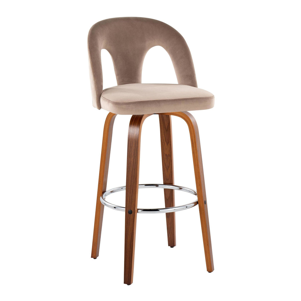 Ava Upholstered 30" Fixed-Height Barstool - Set of 2 - Walnut Wood, Taupe Velvet, Chrome Metal