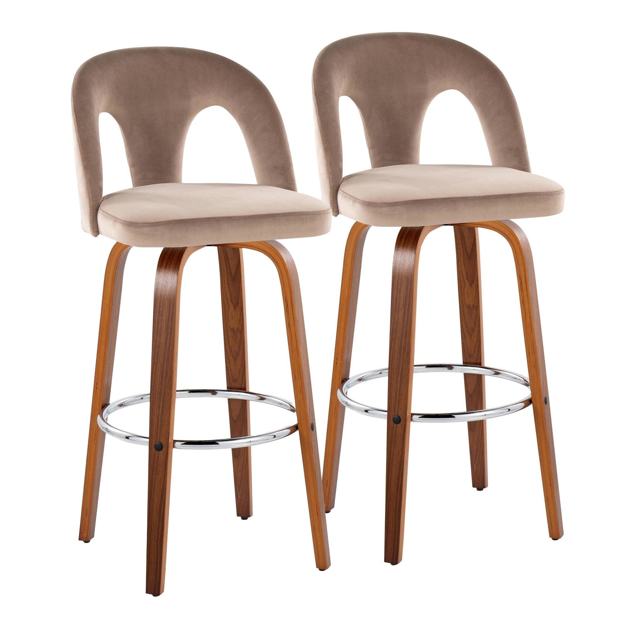 Ava Upholstered 30" Fixed-Height Barstool - Set of 2 - Walnut Wood, Taupe Velvet, Chrome Metal