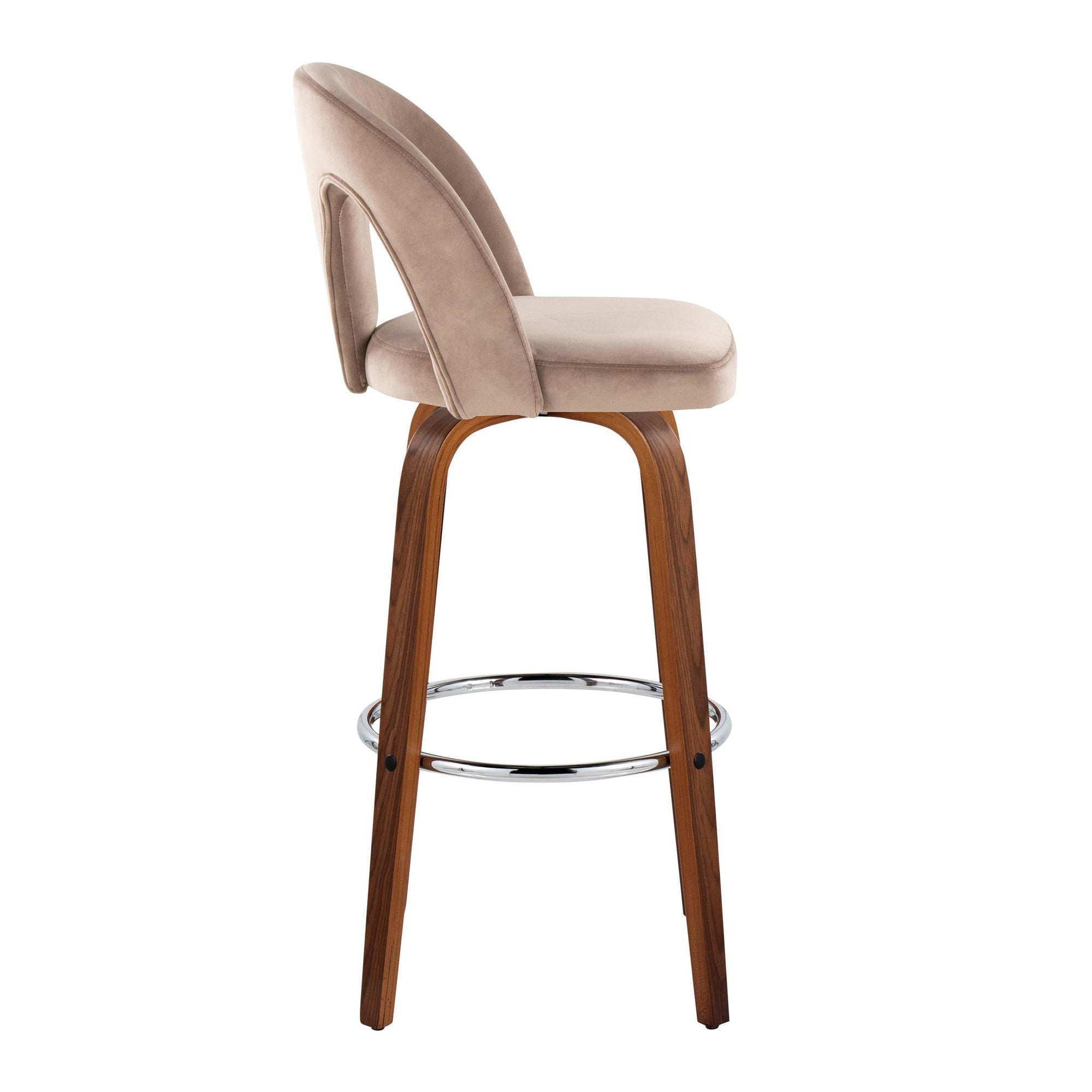 Ava Upholstered 30" Fixed-Height Barstool - Set of 2 - Walnut Wood, Taupe Velvet, Chrome Metal