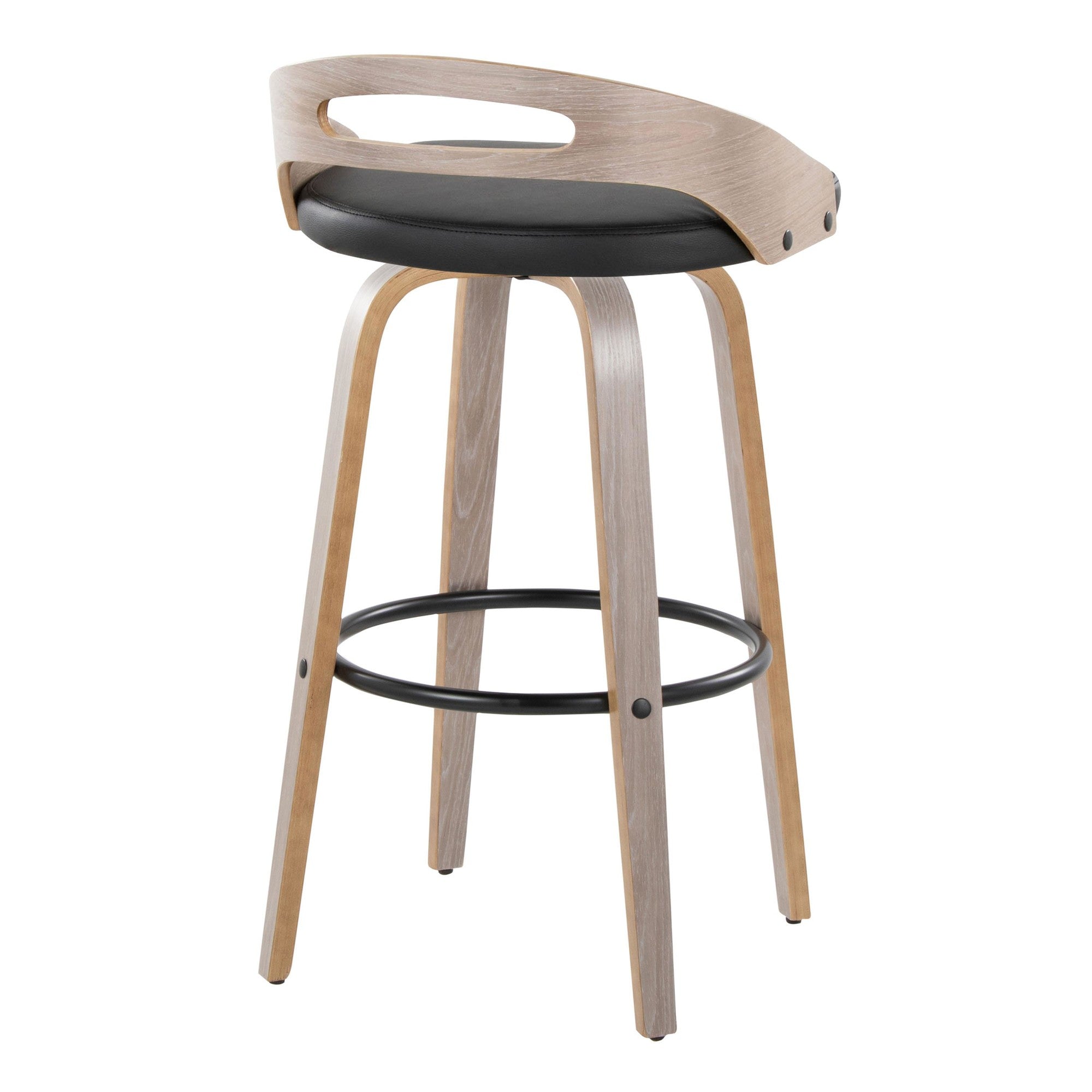 Cassis 30" Fixed-Height Barstool - Set of 2 - Light Grey Wood, Black PU, Black Metal
