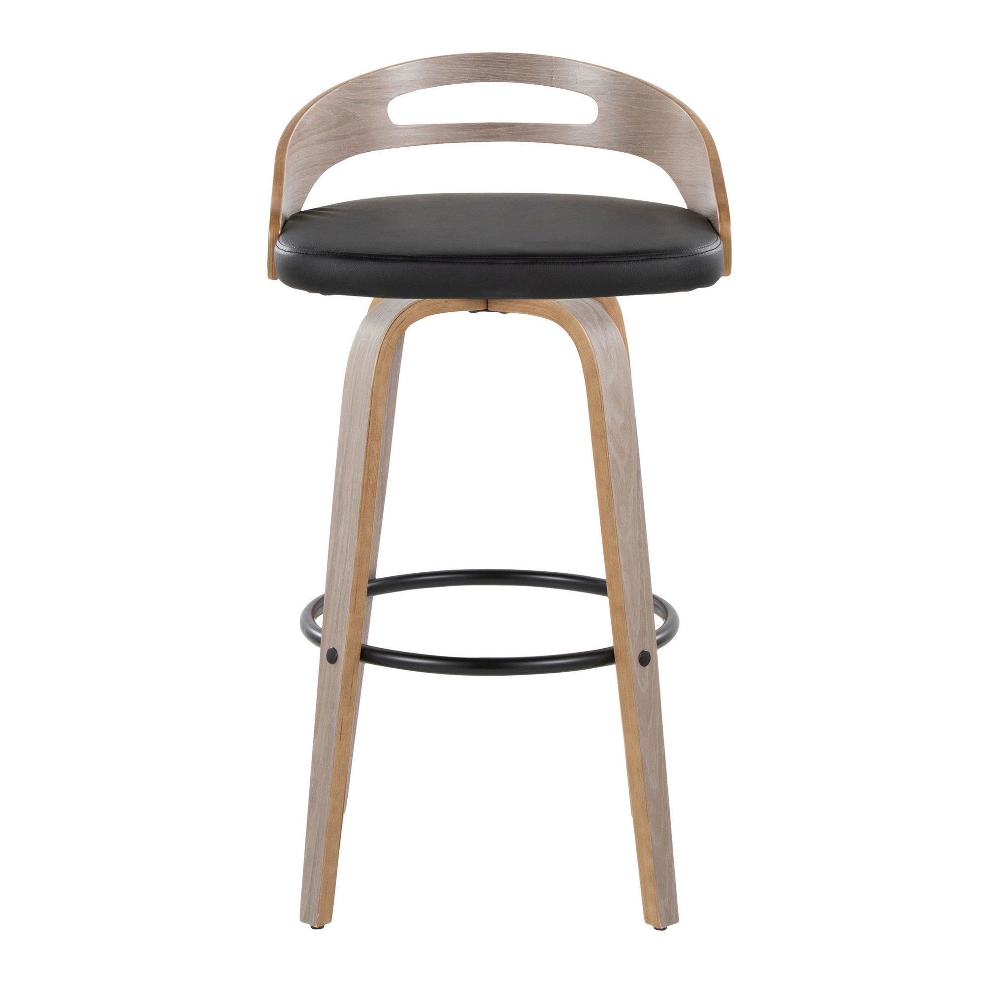 Cassis 30" Fixed-Height Barstool - Set of 2 - Light Grey Wood, Black PU, Black Metal