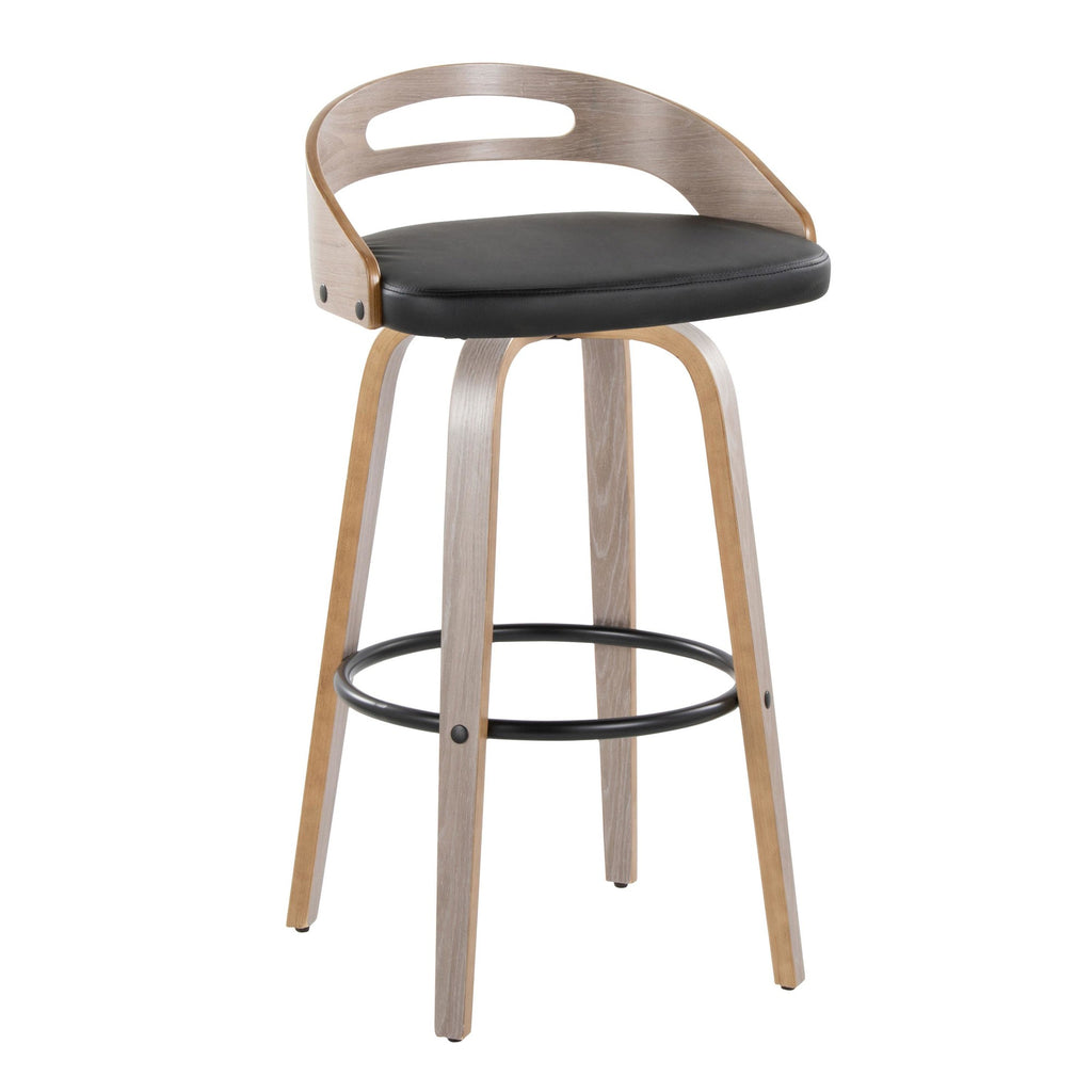 Cassis 30" Fixed-Height Barstool - Set of 2 - Light Grey Wood, Black PU, Black Metal