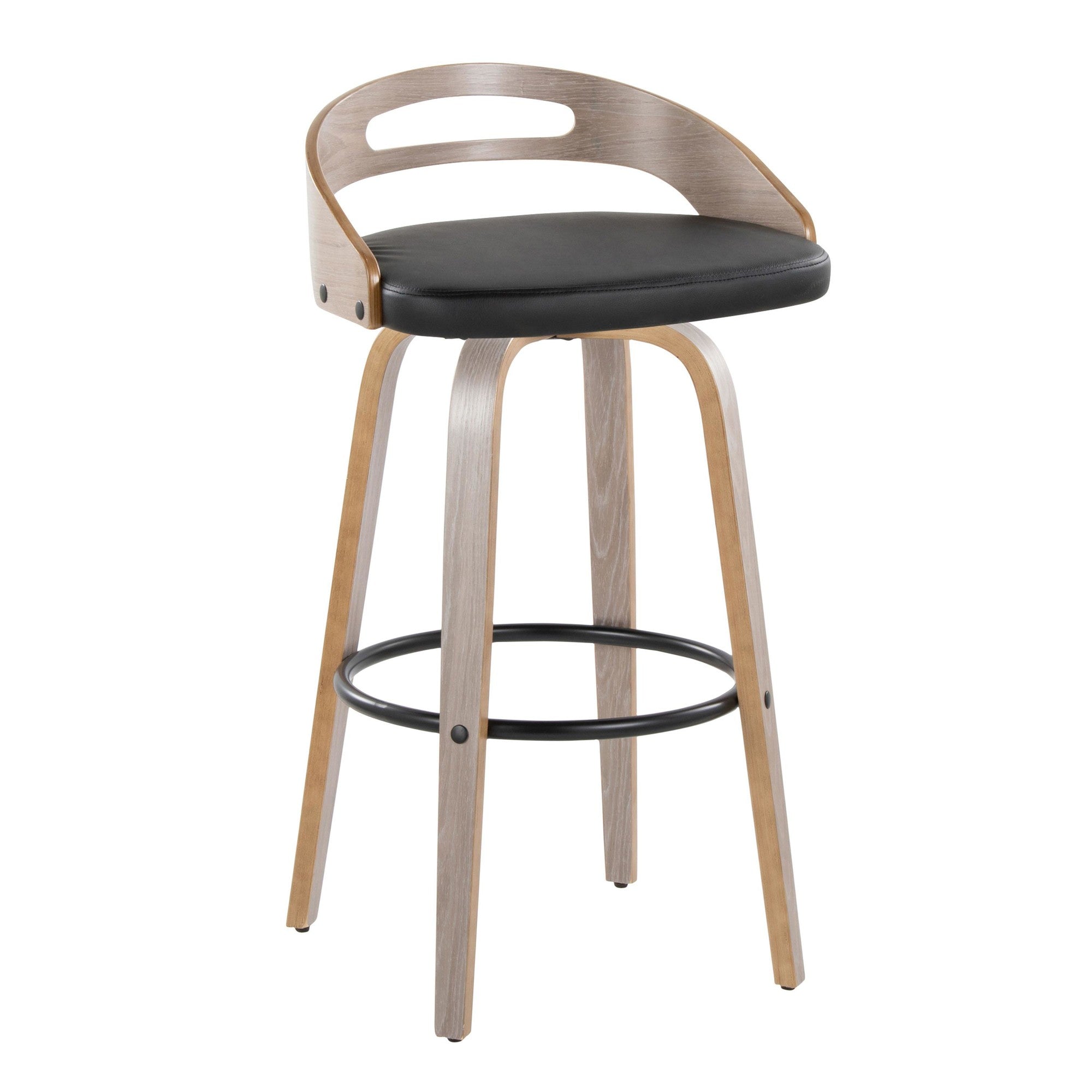 Cassis 30" Fixed-Height Barstool - Set of 2 - Light Grey Wood, Black PU, Black Metal