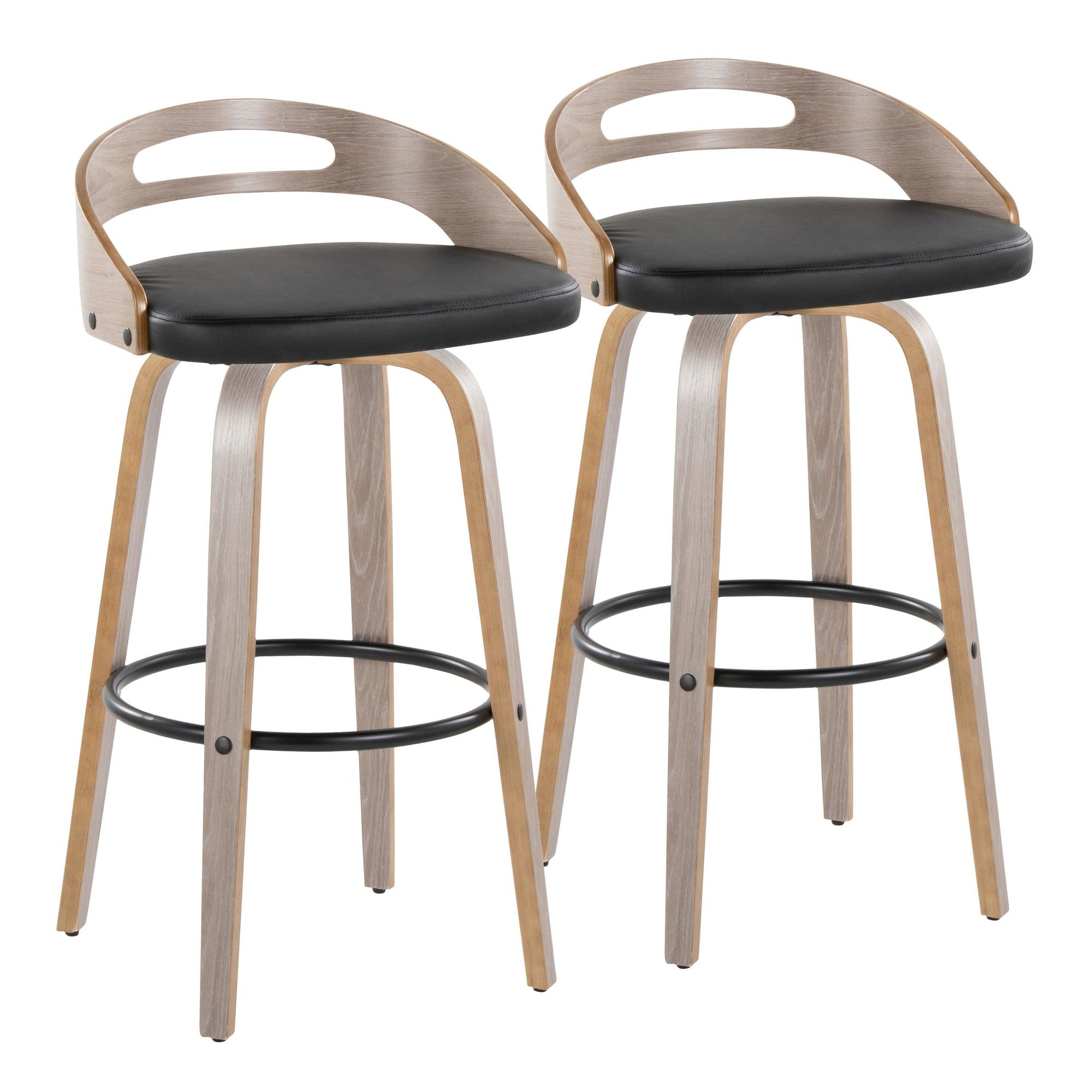 Cassis 30" Fixed-Height Barstool - Set of 2 - Light Grey Wood, Black PU, Black Metal