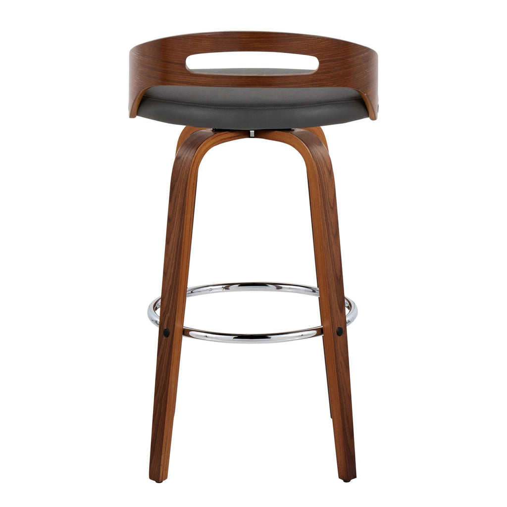 Cassis 30" Fixed-Height Barstool - Set of 2 - Walnut Wood, Grey PU, Chrome Metal