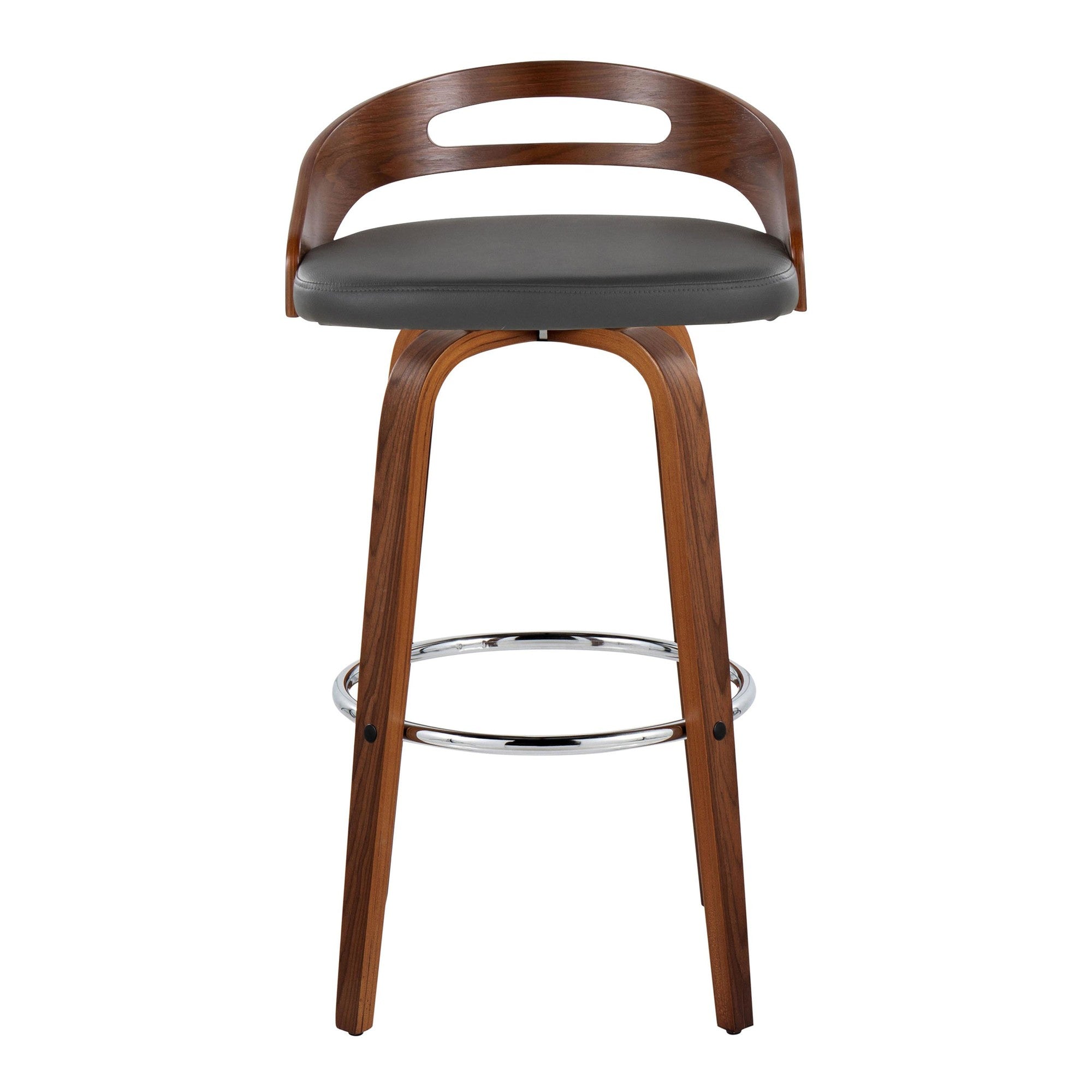 Cassis 30" Fixed-Height Barstool - Set of 2 - Walnut Wood, Grey PU, Chrome Metal